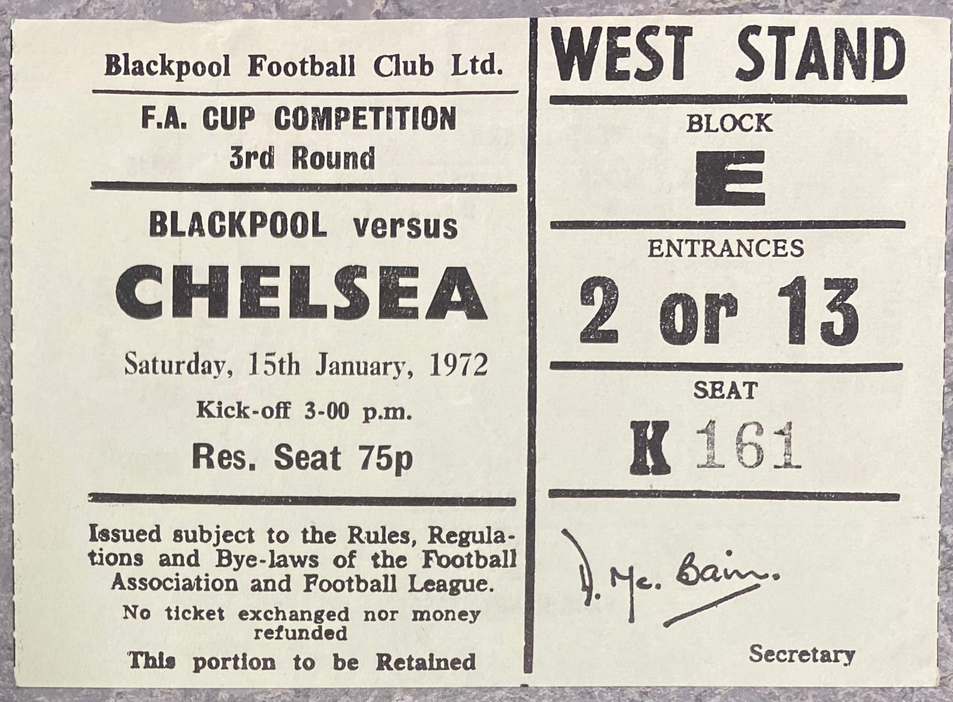 1971/72 ORIGINAL FA CUP 3RD ROUND TICKET BLACKPOOL V CHELSEA