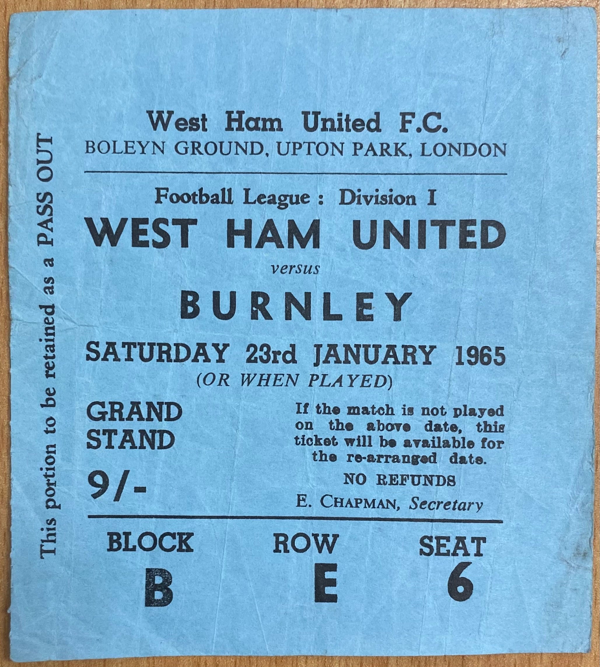 1964/65 ORIGINAL DIVISION ONE TICKET WEST HAM UNITED V BURNLEY