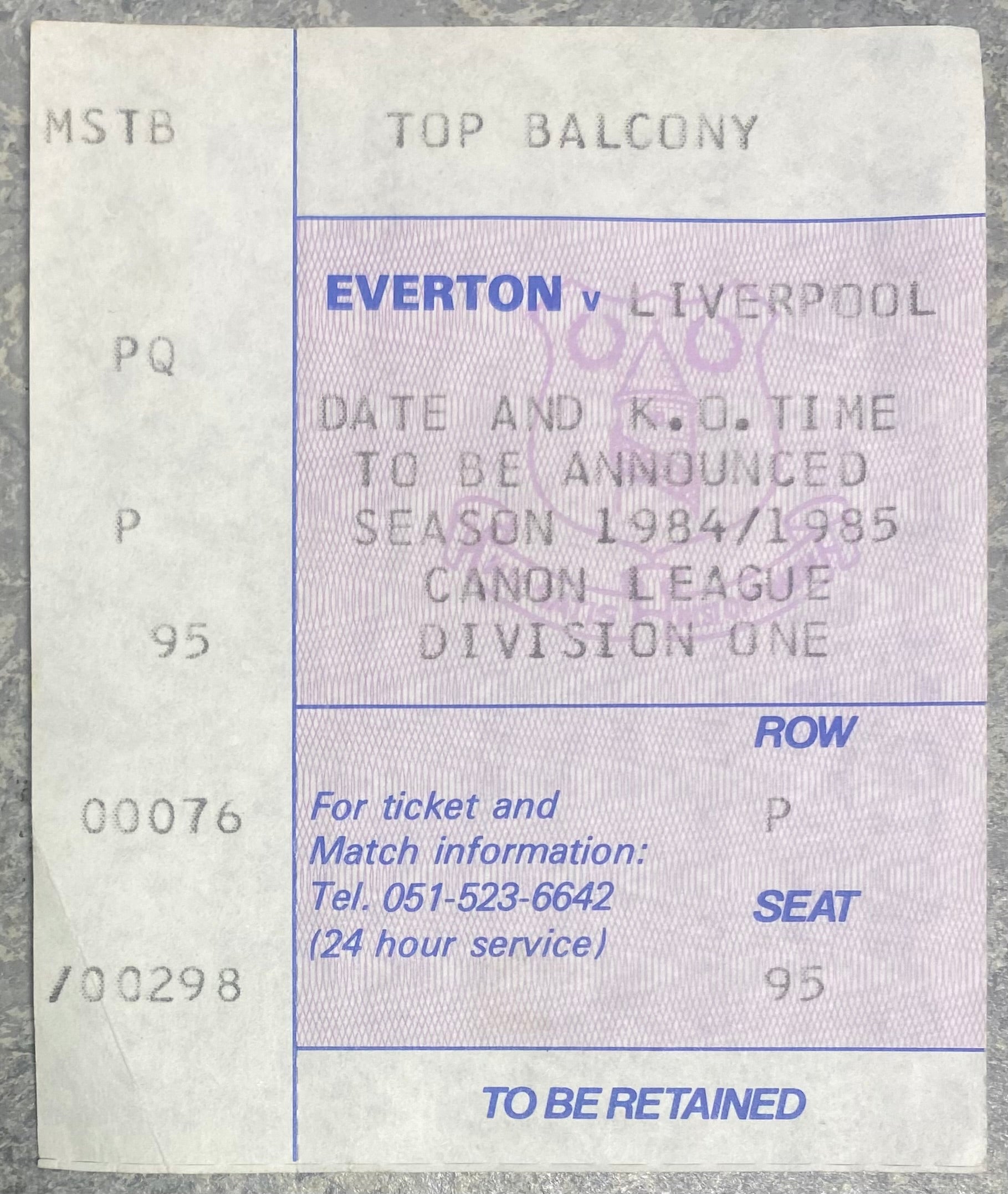 1984/85 ORIGINAL DIVISION ONE TICKET EVERTON V LIVERPOOL