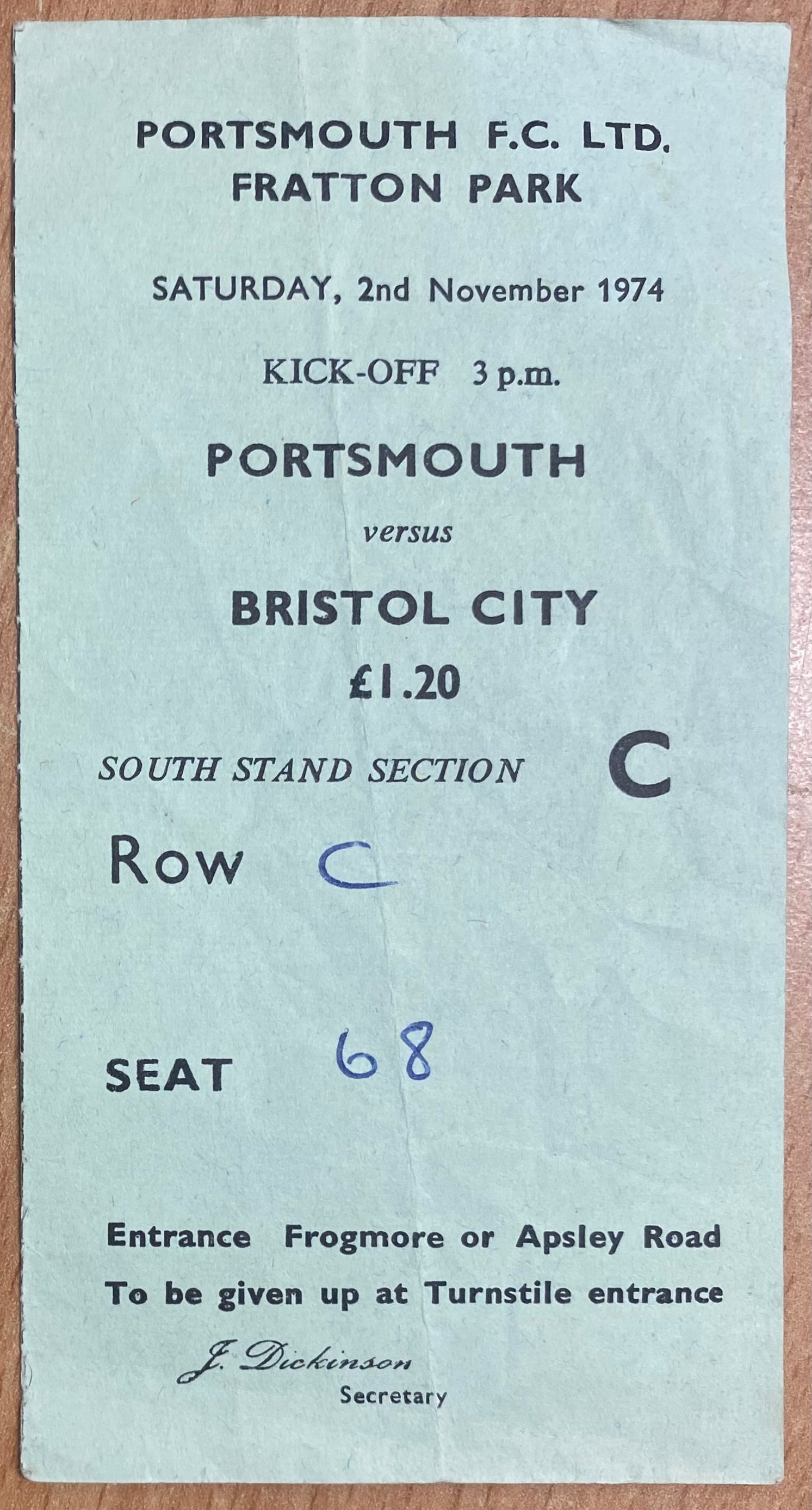 1974/75 ORIGINAL DIVISION 2 TICKET PORTSMOUTH V BRISTOL CITY