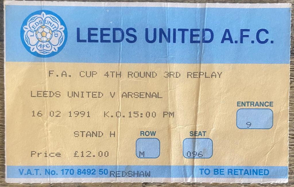 1990/91 ORIGINAL FA CUP 4TH ROUND 3RD REPLAY TICKET LEEDS UNITED V ARSENAL