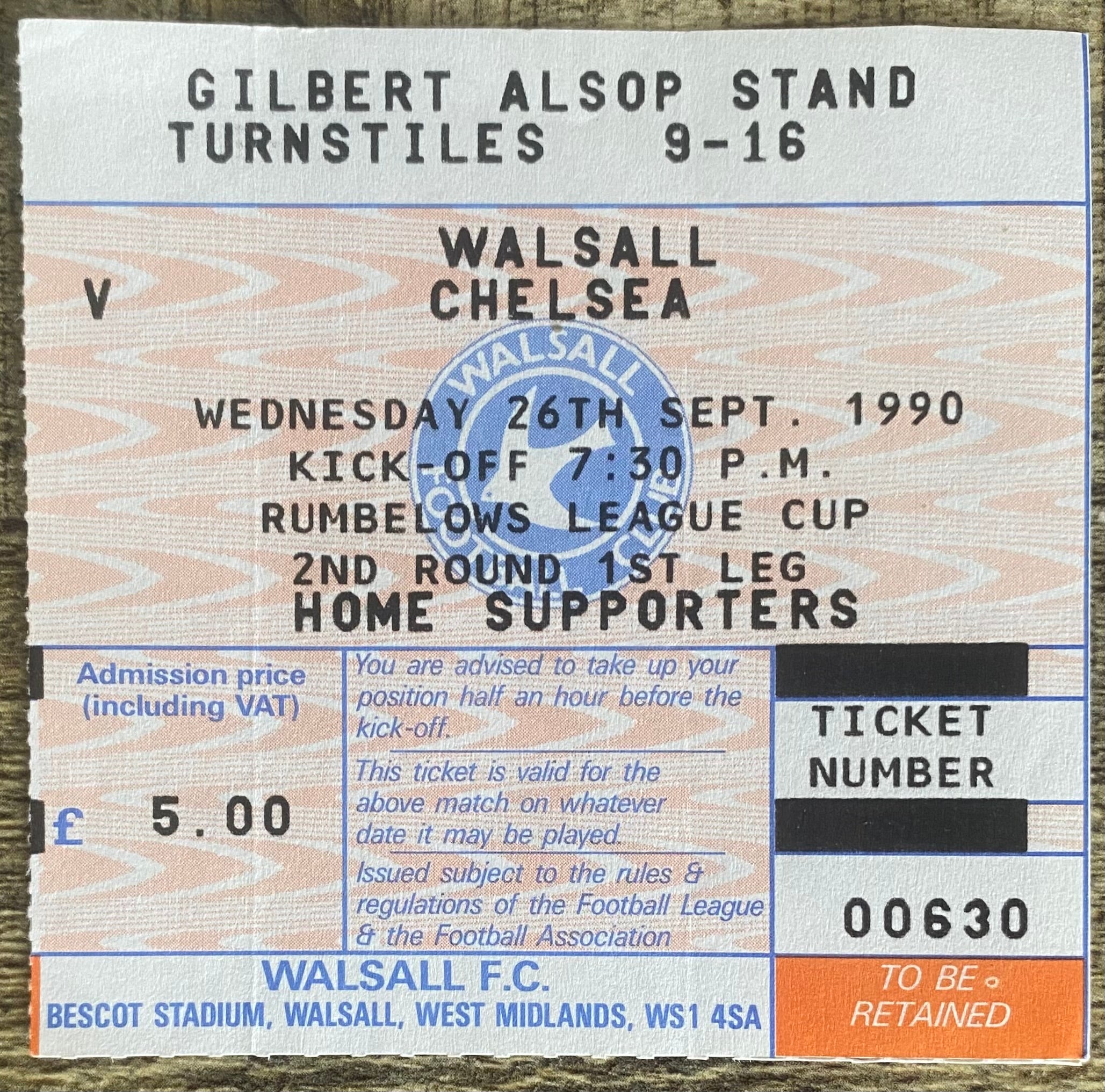 1990/91 ORIGINAL RUMBELOWS CUP 2ND ROUND 1ST LEG TICKET WALSALL V CHELSEA