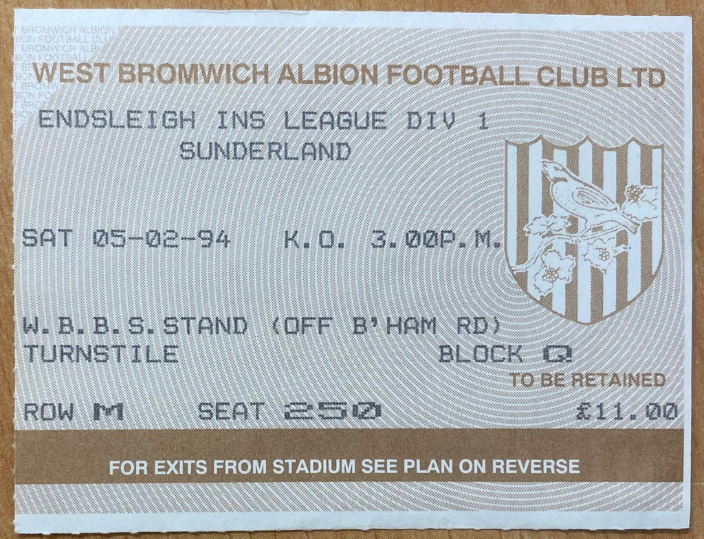 1993/94 ORIGINAL DIVISION 1 TICKET WEST BROMWICH ALBION  V SUNDERLAND