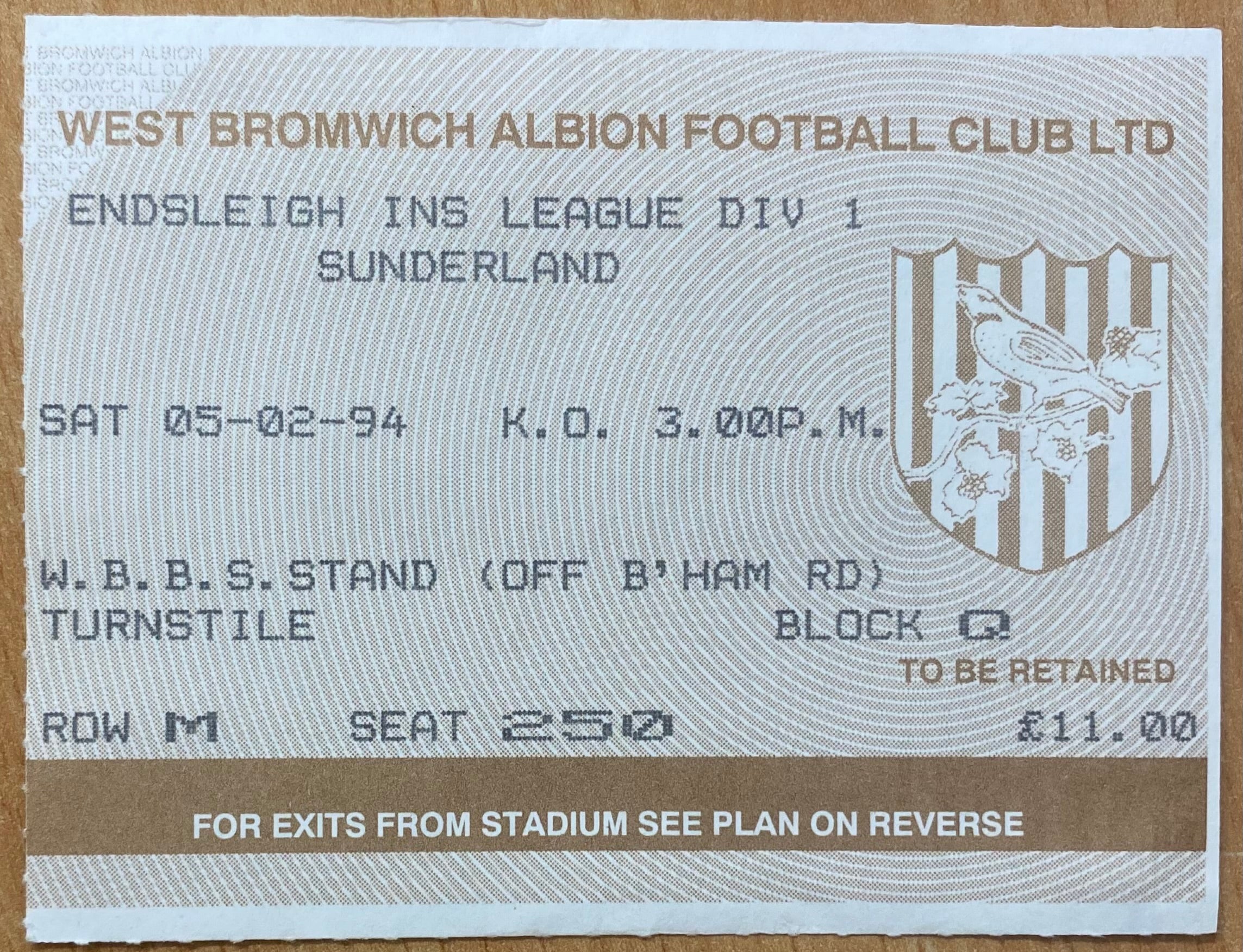 1993/94 ORIGINAL DIVISION 1 TICKET WEST BROMWICH ALBION  V SUNDERLAND