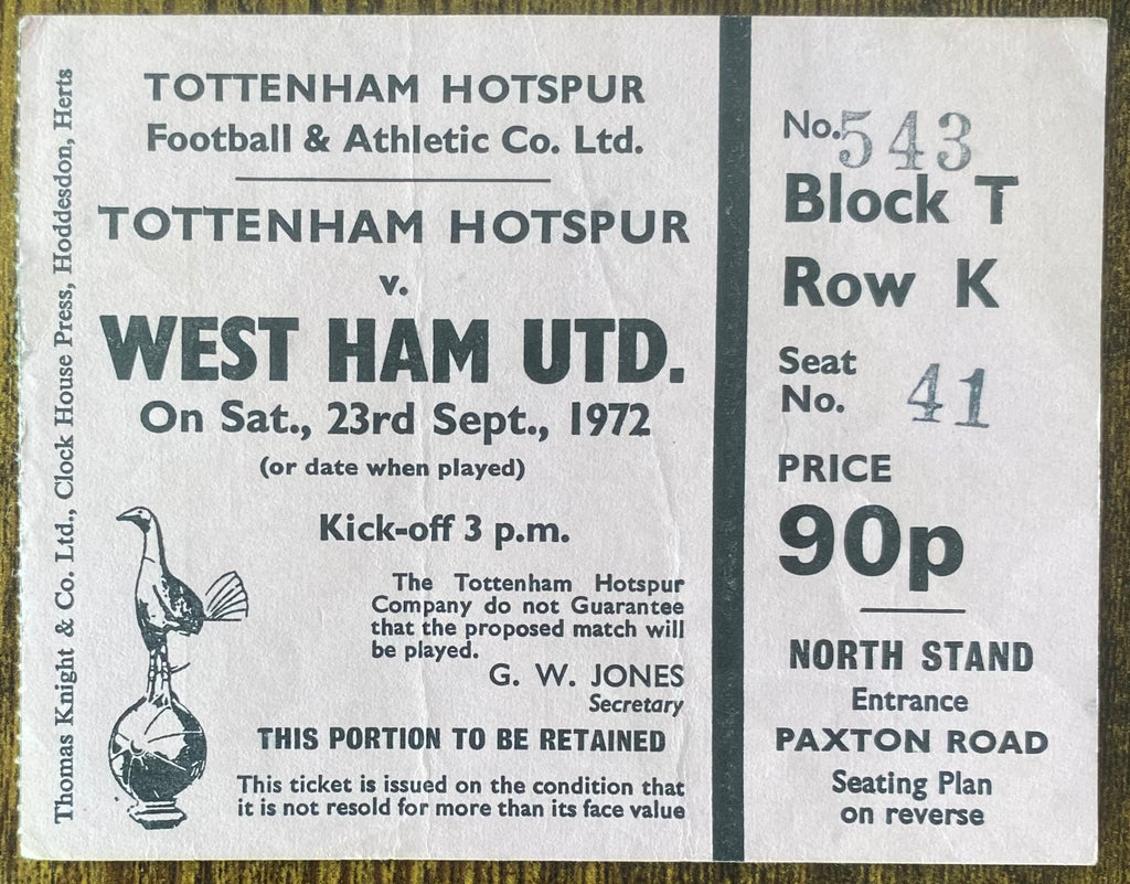 1972/73 ORIGINAL DIVISION ONE TICKET TOTTENHAM HOTSPUR V WEST HAM UNITED