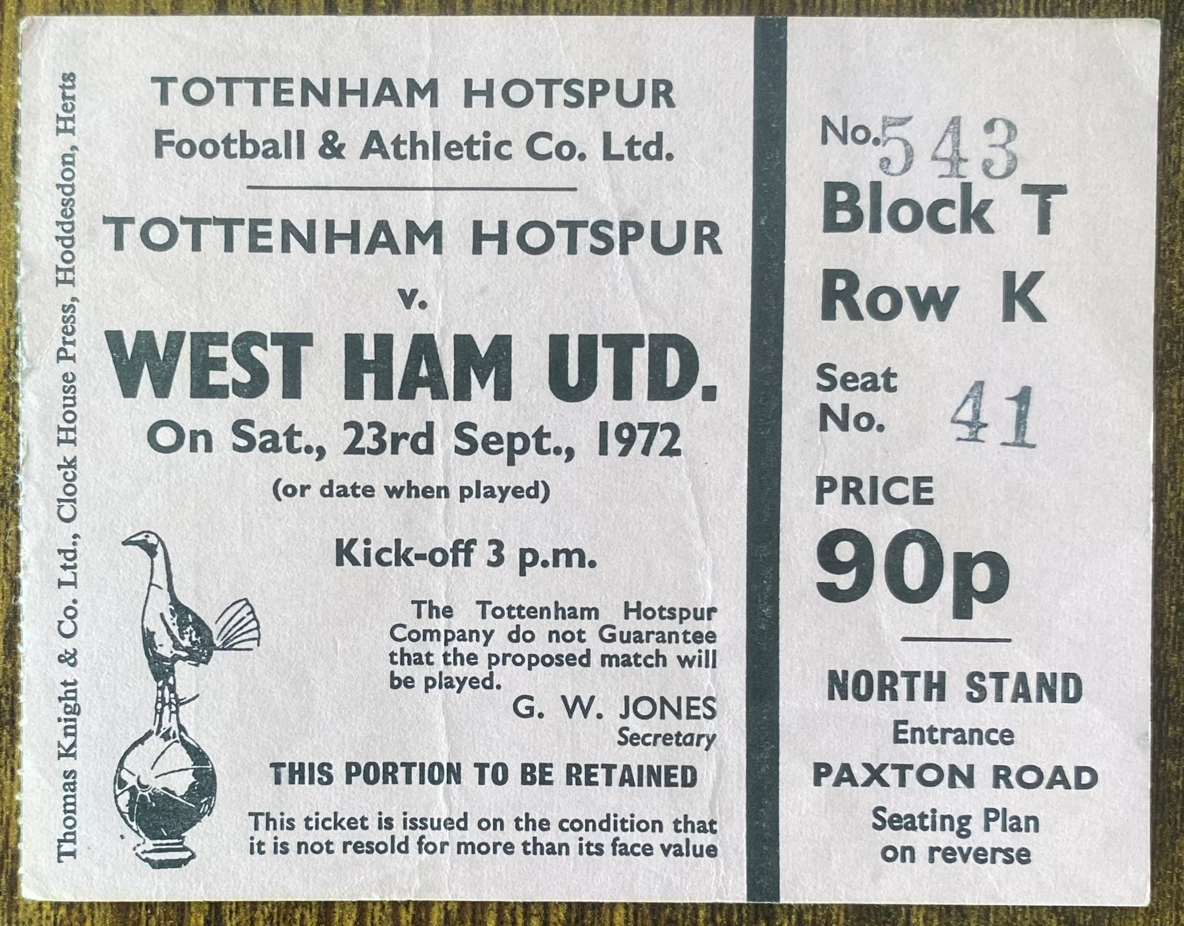 1972/73 ORIGINAL DIVISION ONE TICKET TOTTENHAM HOTSPUR V WEST HAM UNITED