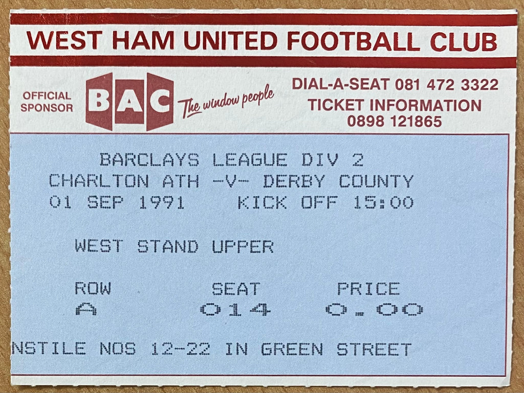 1991/92 ORIGINAL DIVISION 2 TICKET CHARLTON ATHLETIC V DERBY COUNTY