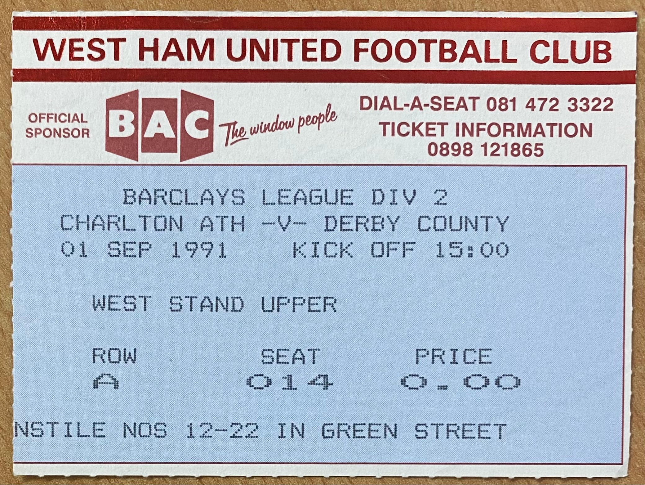 1991/92 ORIGINAL DIVISION 2 TICKET CHARLTON ATHLETIC V DERBY COUNTY