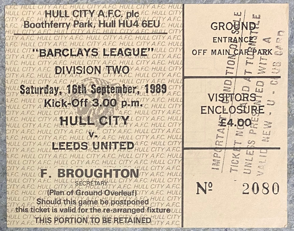 1989/90 ORIGINAL DIVISION TWO TICKET HULL CITY V LEEDS UNITED