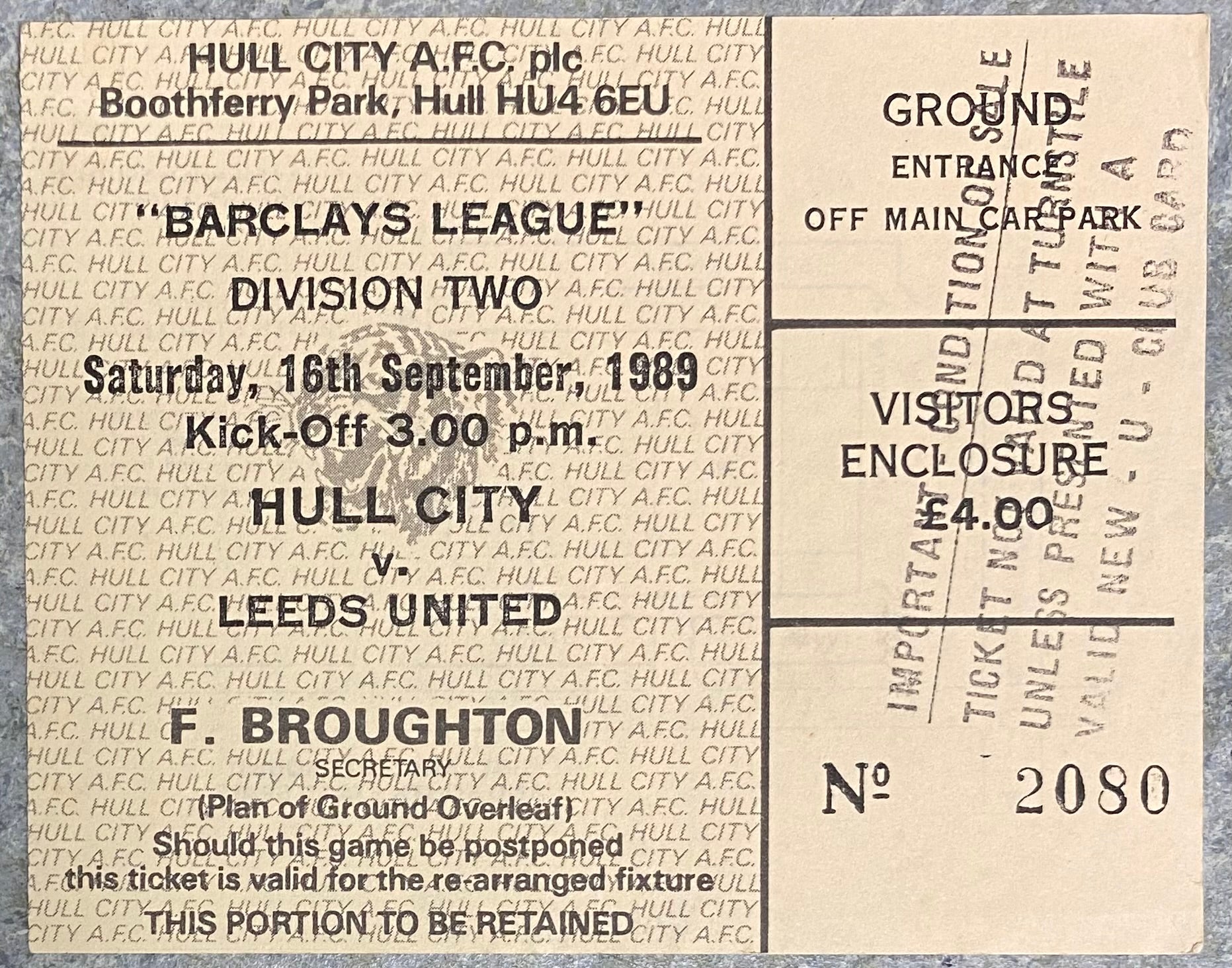 1989/90 ORIGINAL DIVISION TWO TICKET HULL CITY V LEEDS UNITED