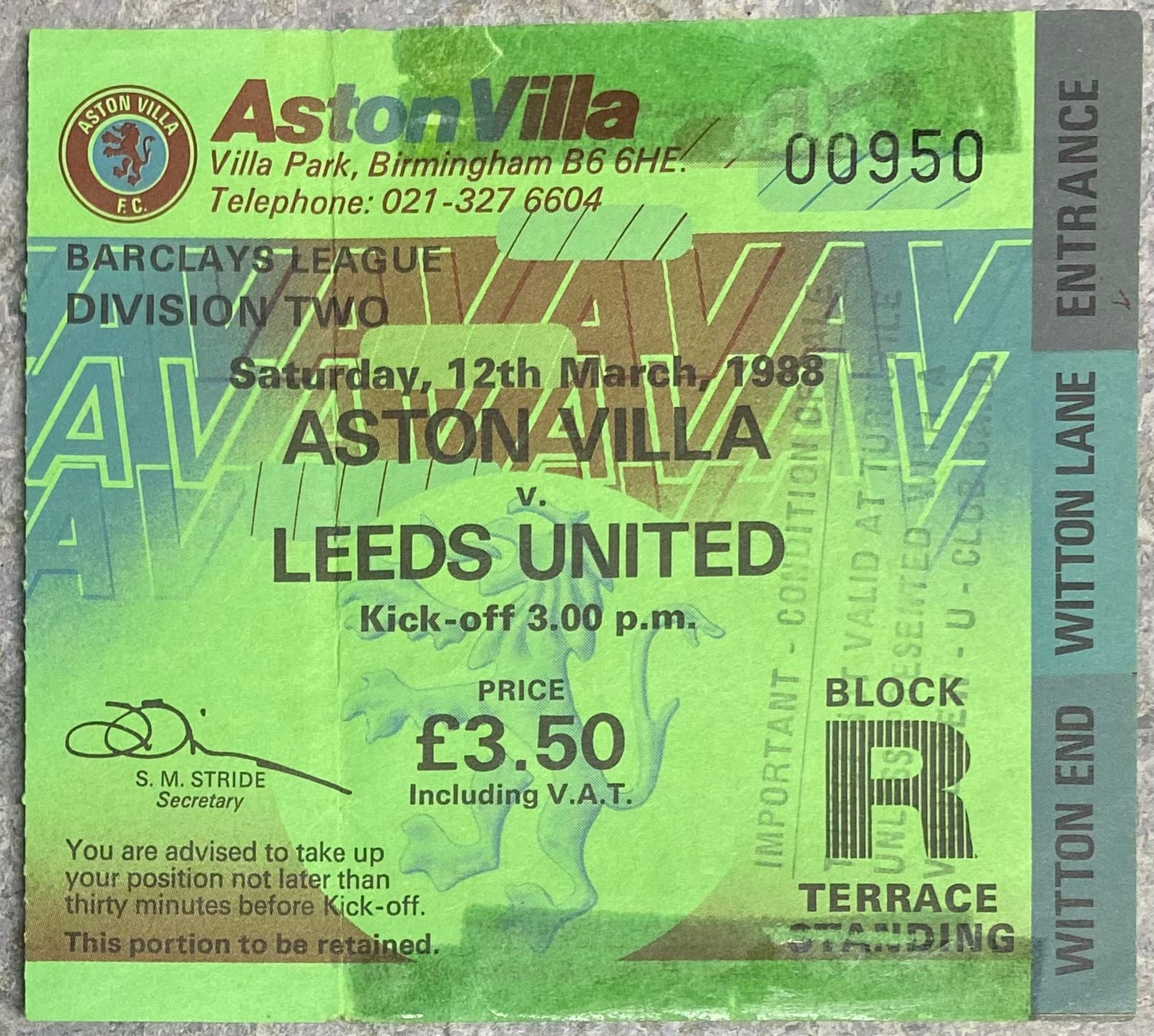 1987/88 ORIGINAL DIVISION TWO TICKET ASTON VILLA V LEEDS UNITED