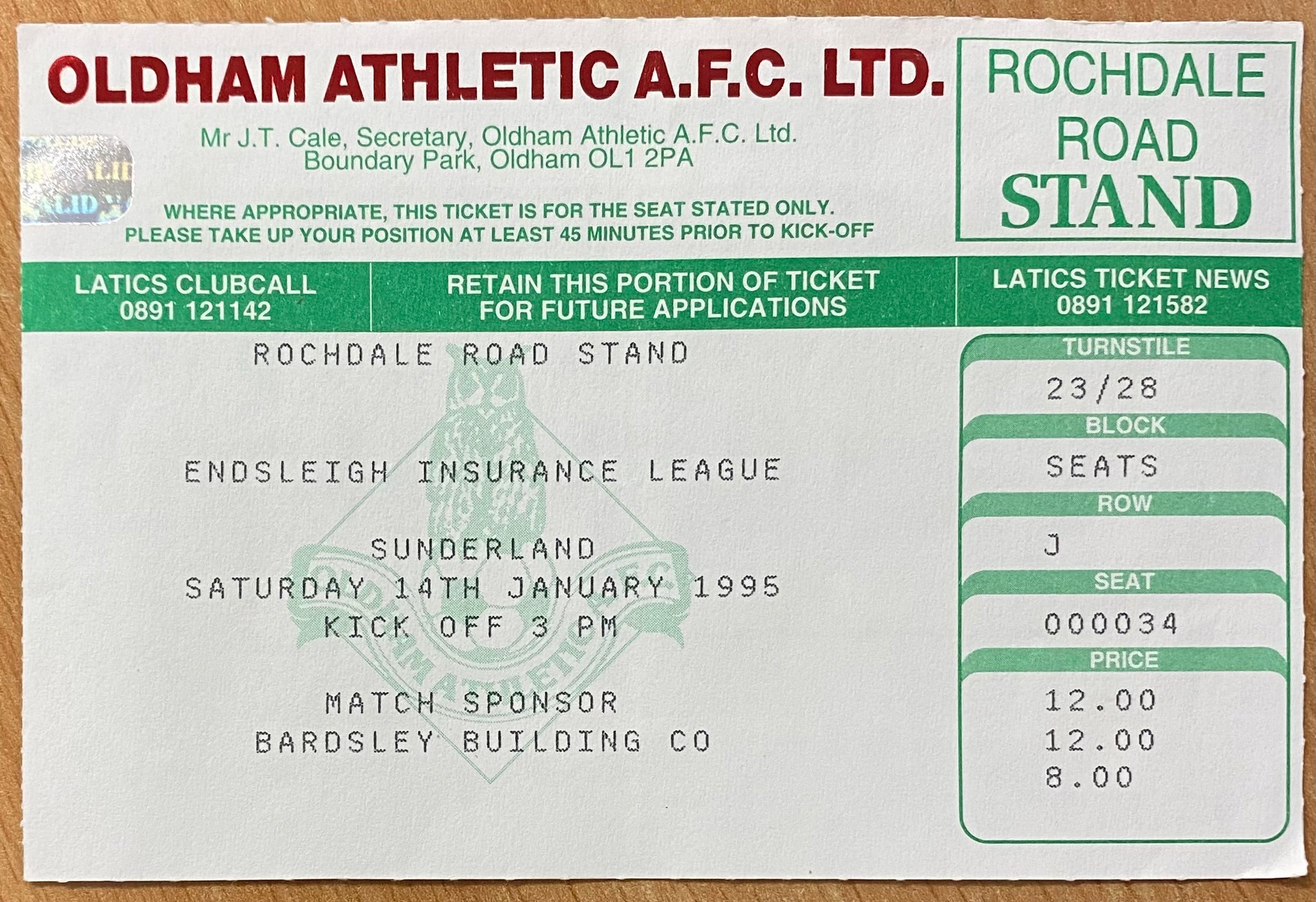 1994/95 ORIGINAL FA CUP 3RD ROUND TICKET CARLISLE UNITED V SUNDERLAND