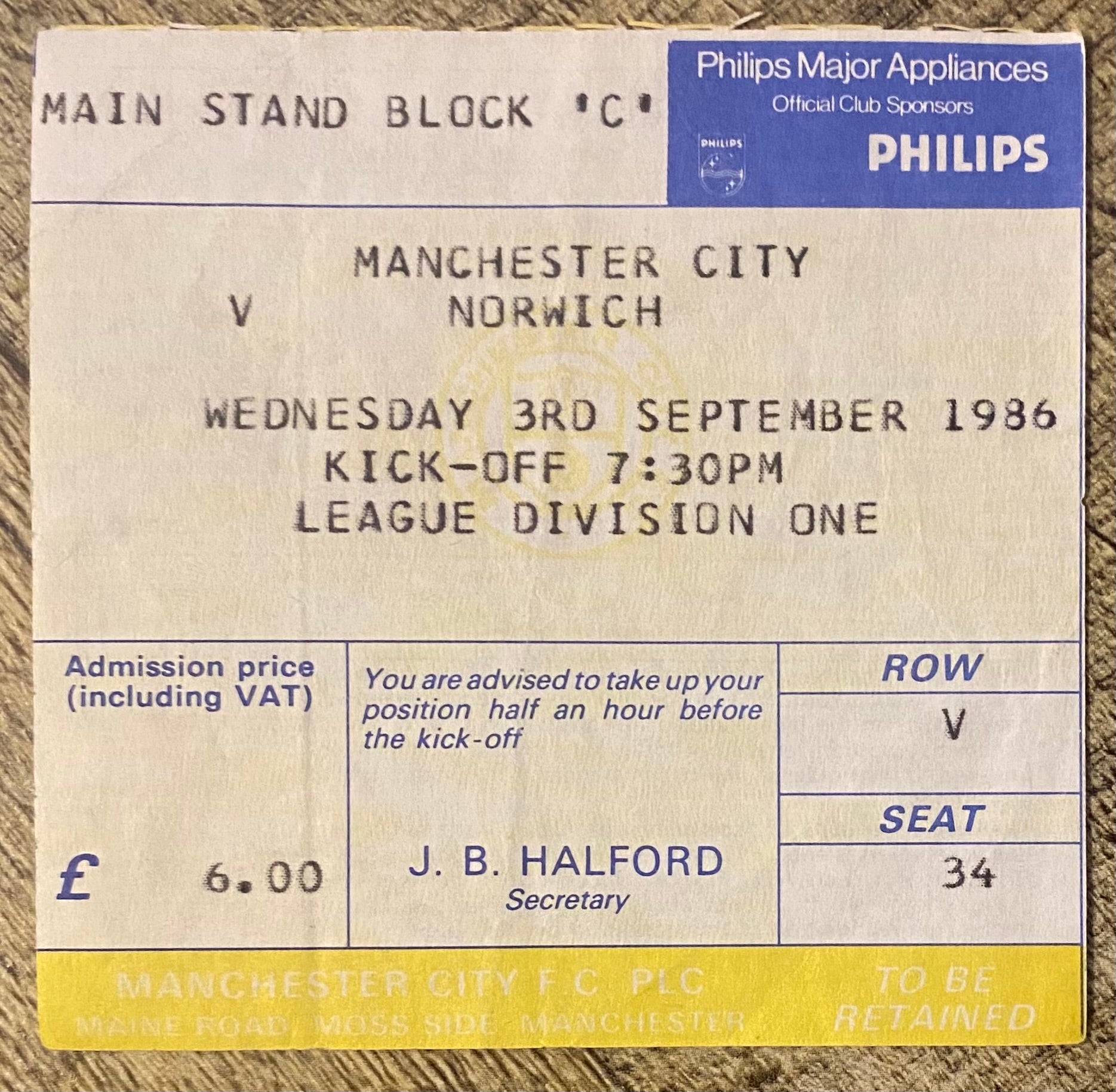 1986/87 ORIGINAL DIVISION 1 TICKET MANCHESTER CITY V NORWICH CITY