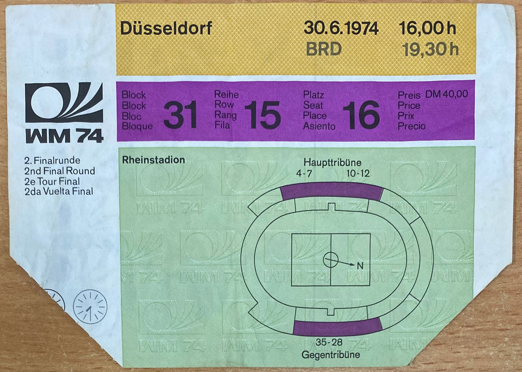 1974 ORIGINAL WORLD CUP 2ND ROUND TICKET WEST GERMANY V SWEDEN @ DUSSELDORF
