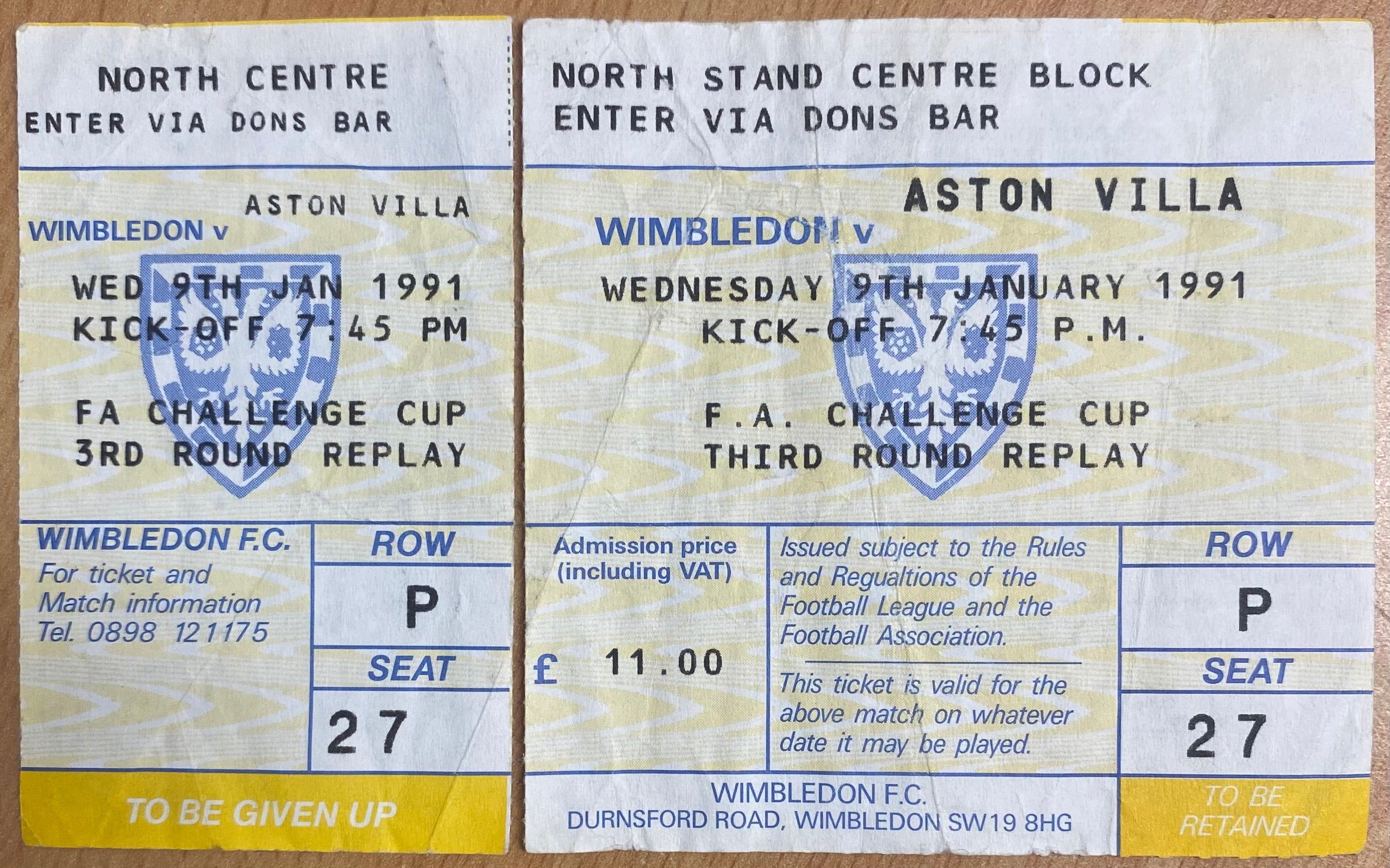 1990/91 ORIGINAL FA CUP 3RD ROUND REPLAY TICKET WIMBLEDON V ASON VILLA (COMPLETE)