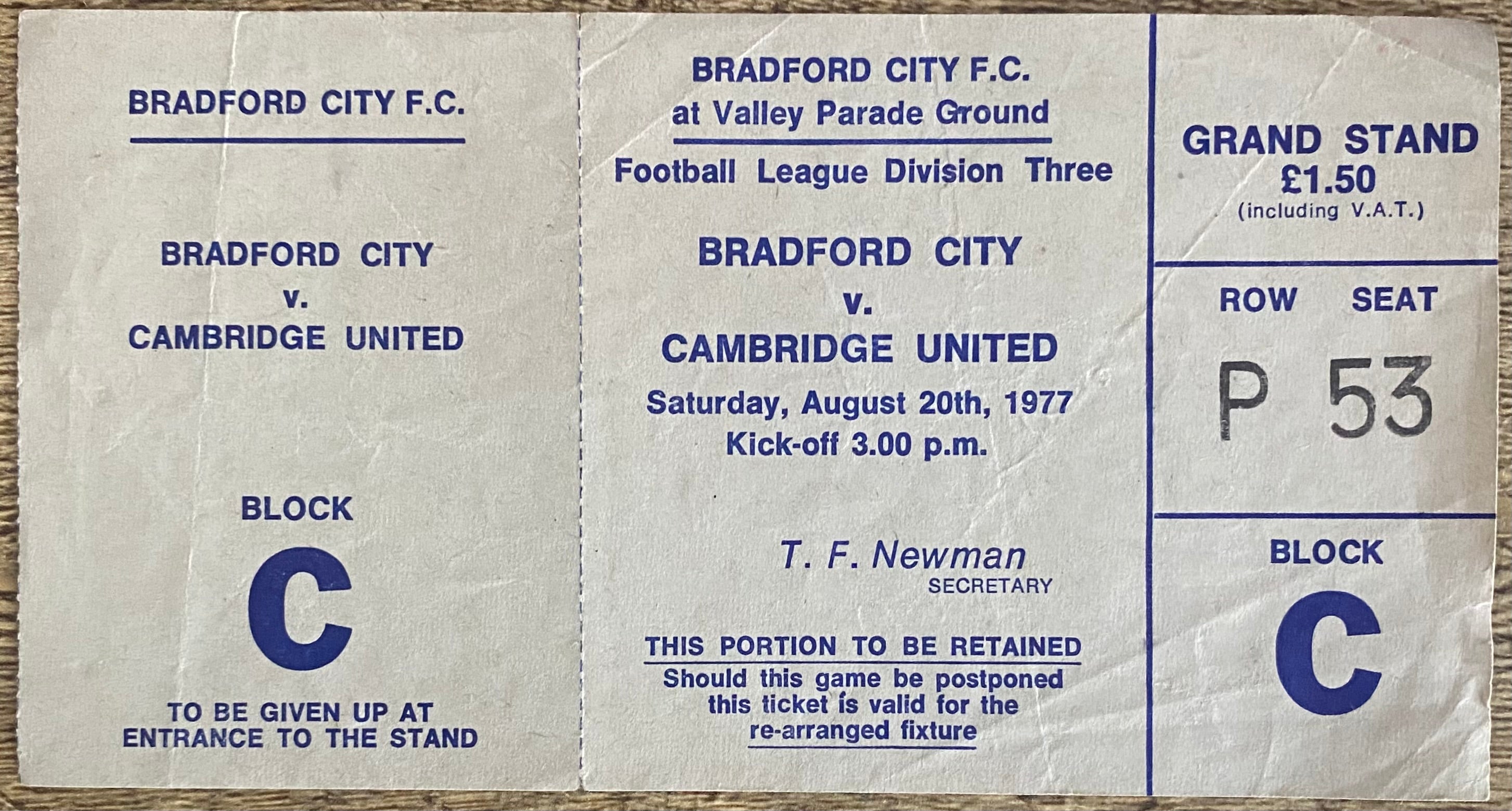 1977/78 ORIGINAL DIVISION 3 UNUSED TICKET BRADFORD CITY V CAMBRIDGE UNITED