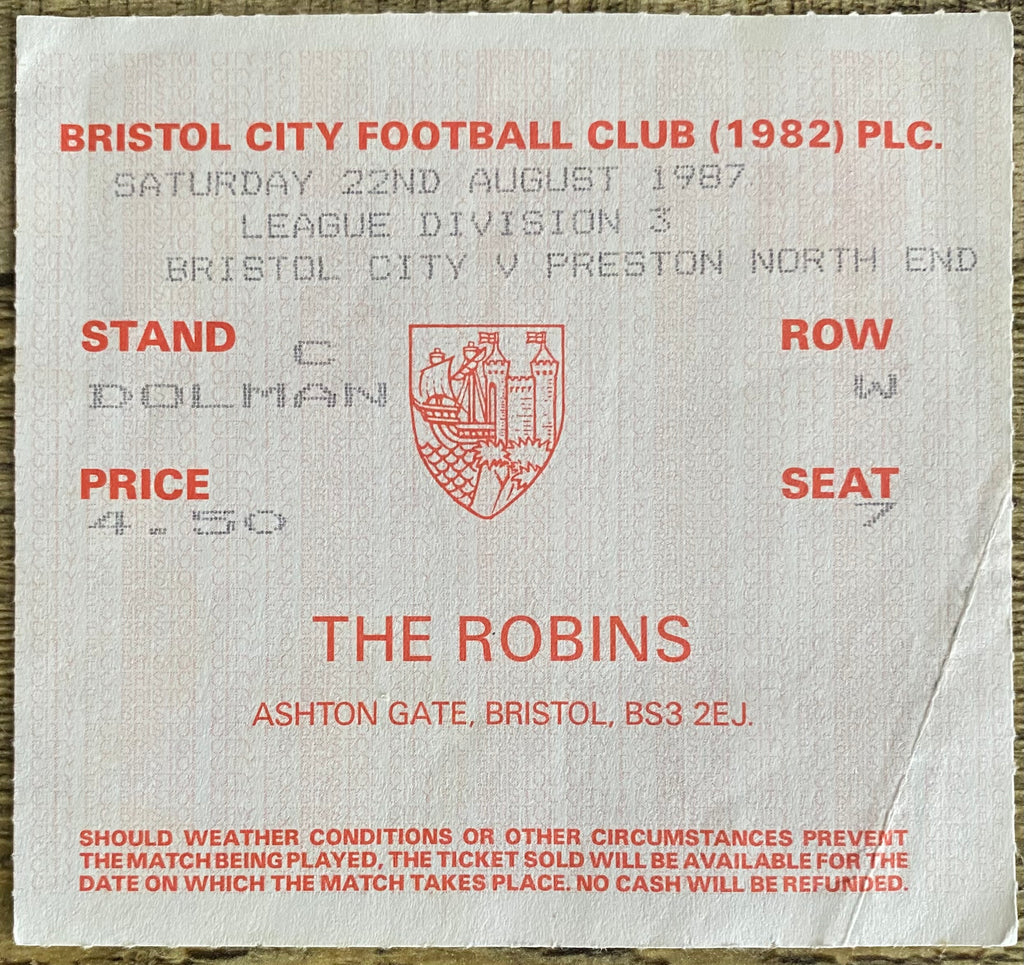 1987/88 ORIGINAL DIVISION 3 TICKET BRISTOL CITY V PRESTON NORTH END