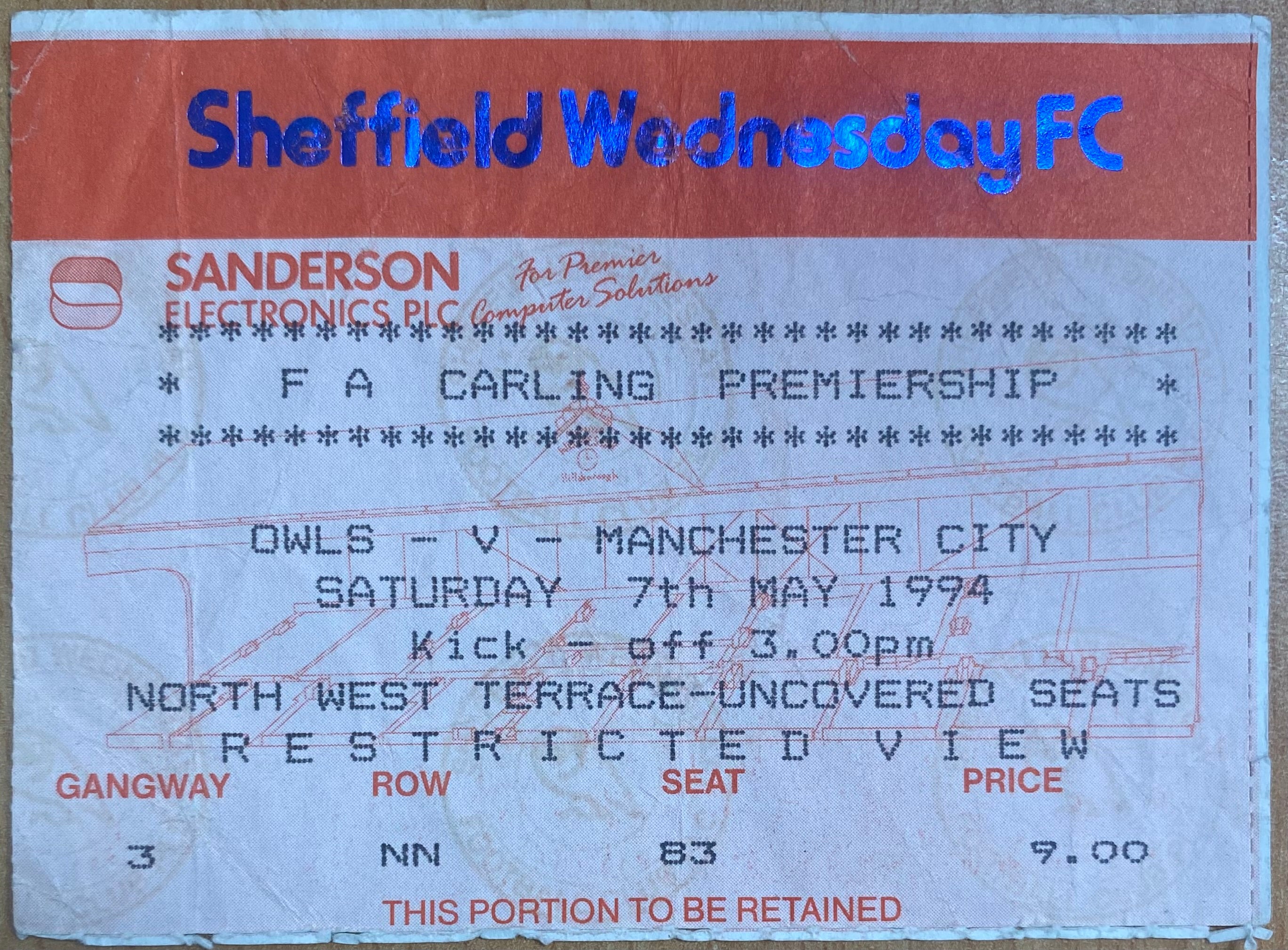 1993/94 ORIGINAL FA PREMIERSHIP TICKET SHEFFIELD WEDNESDAY V MANCHESTER CITY