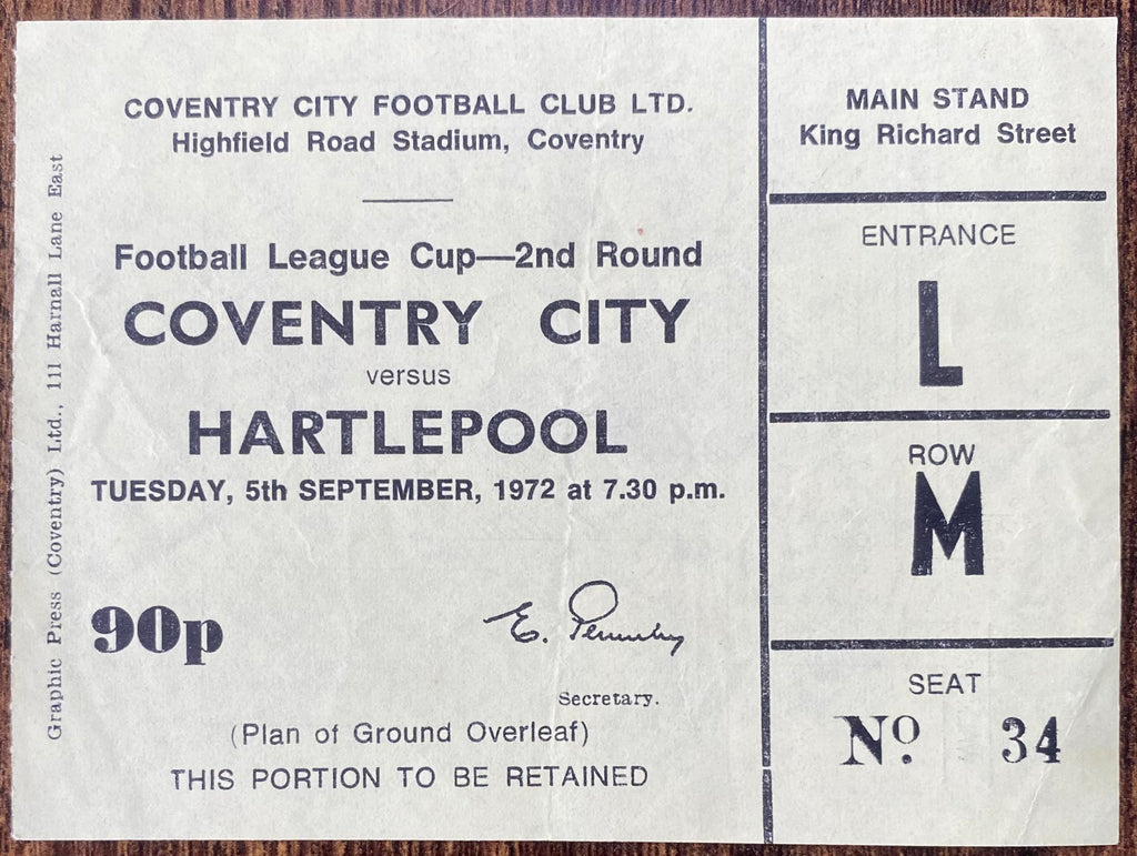 1972/73 ORIGINAL LEAGUE CUP 2ND ROUND TICKET COVENTRY CITY V HARTLEPOOL UNITED