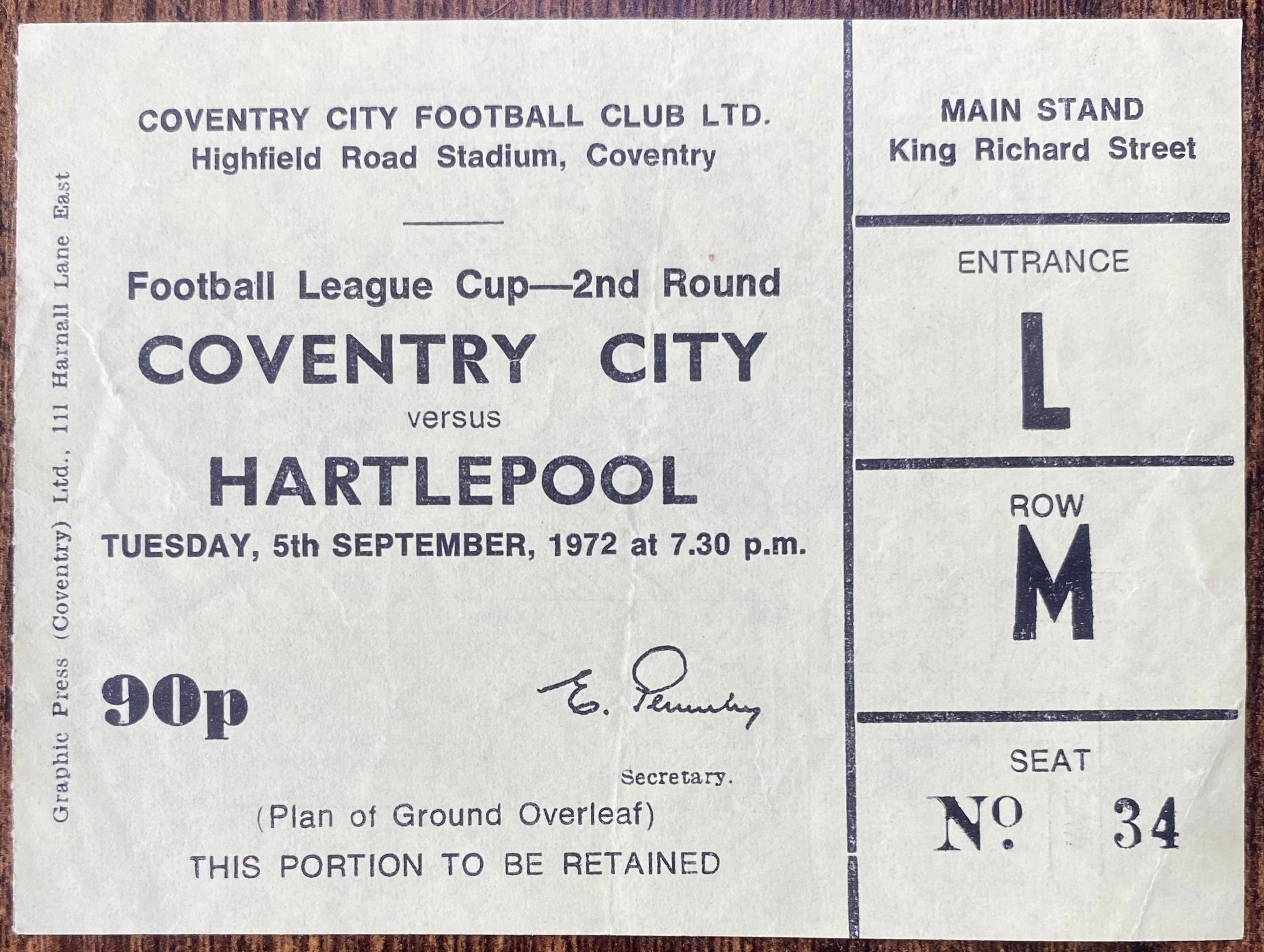 1972/73 ORIGINAL LEAGUE CUP 2ND ROUND TICKET COVENTRY CITY V HARTLEPOOL UNITED