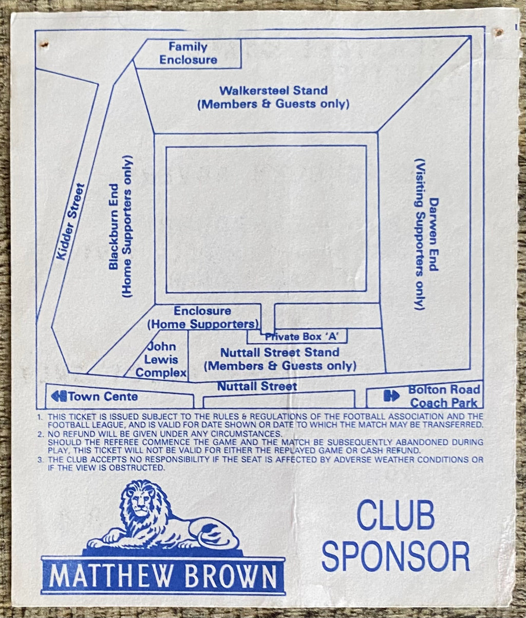 1991/92 ORIGINAL DIVISION 2 TICKET BLACKBURN ROVERS V MIDDLESBROUGH