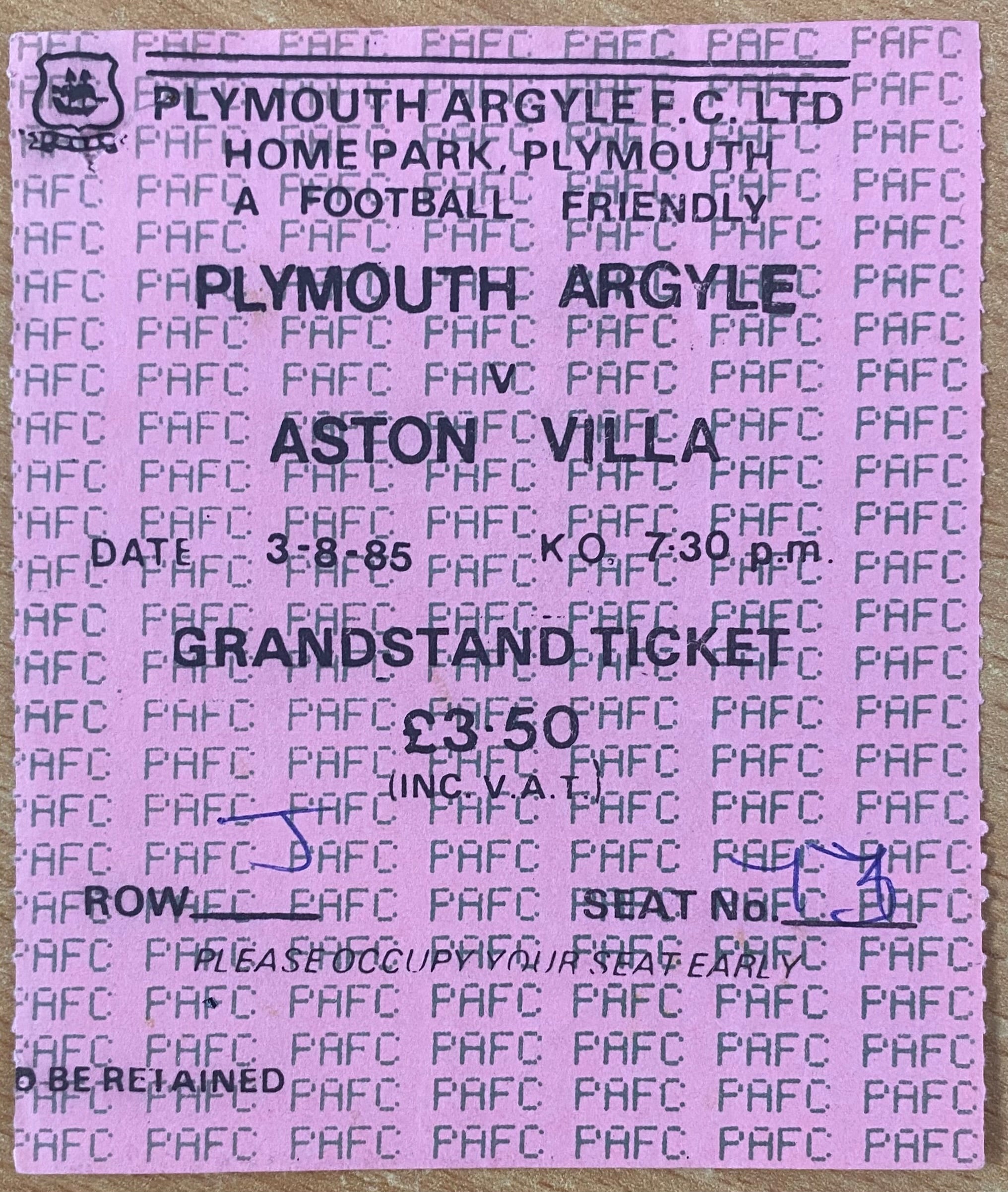 1985 ORIGINAL PRE SEASON FRIENDLY TICKET PLYMOUTH ARGYLE V ASTON VILLA