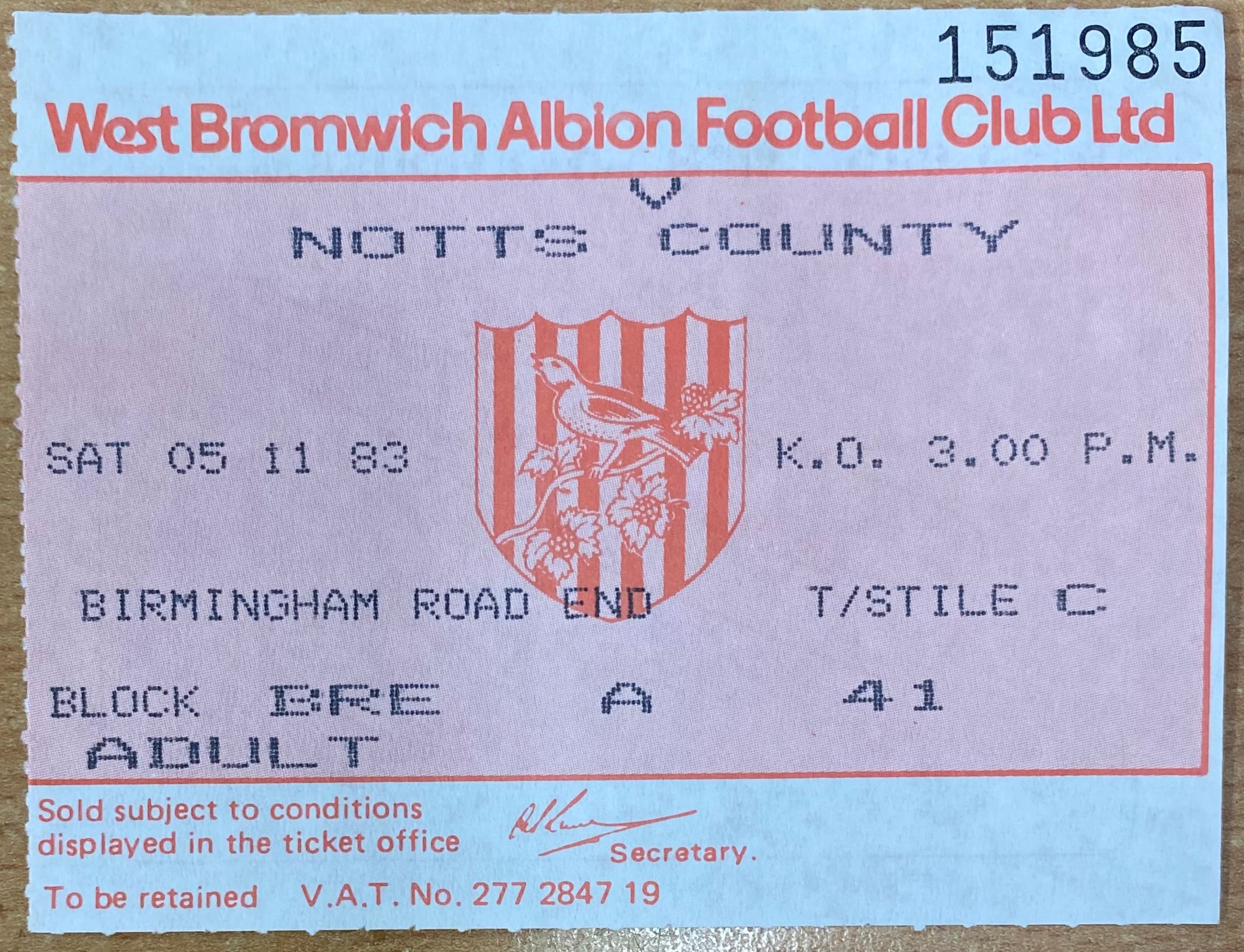 1983/84 ORIGINAL DIVISION 1 TICKET WEST BROMWICH ALBION V NOTTS COUNTY