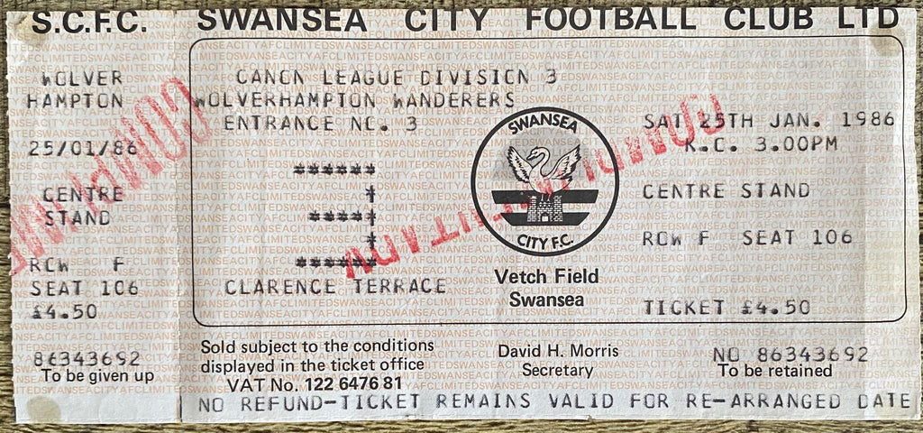 1985/86 ORIGINAL DIVISION 3 UNUSED TICKET SWANSEA CITY V WOLVERHAMPTON WANDERERS