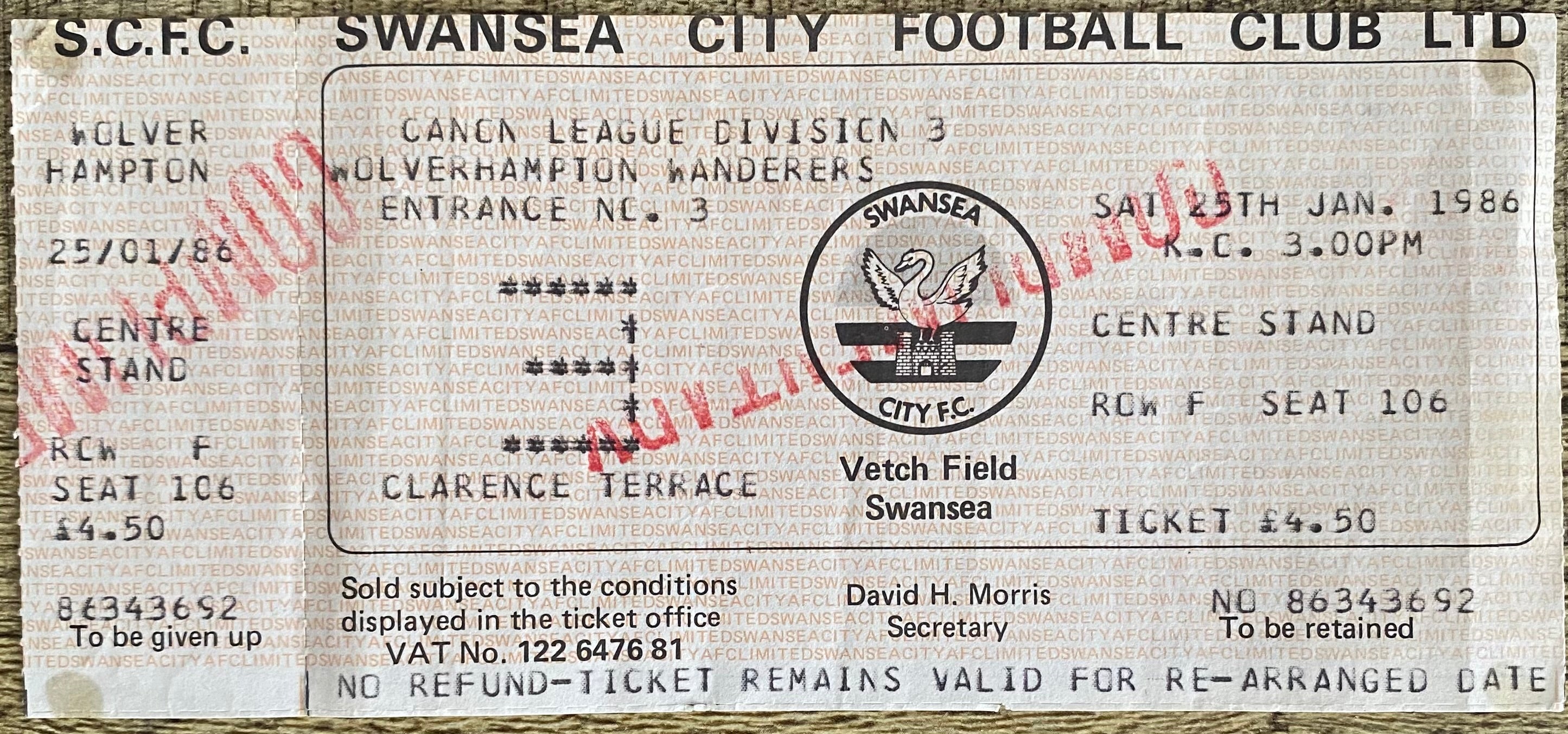 1985/86 ORIGINAL DIVISION 3 UNUSED TICKET SWANSEA CITY V WOLVERHAMPTON WANDERERS