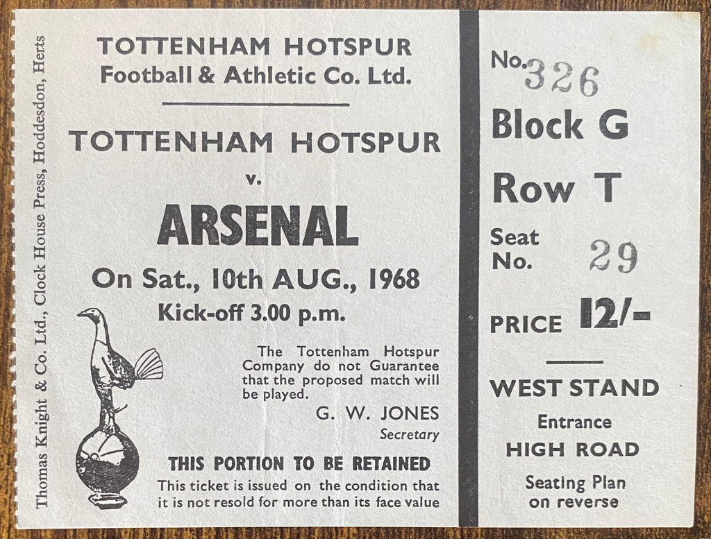 1968/69 ORIGINAL DIVISION ONE TICKET TOTTENHAM HOTSPUR V ARSENAL