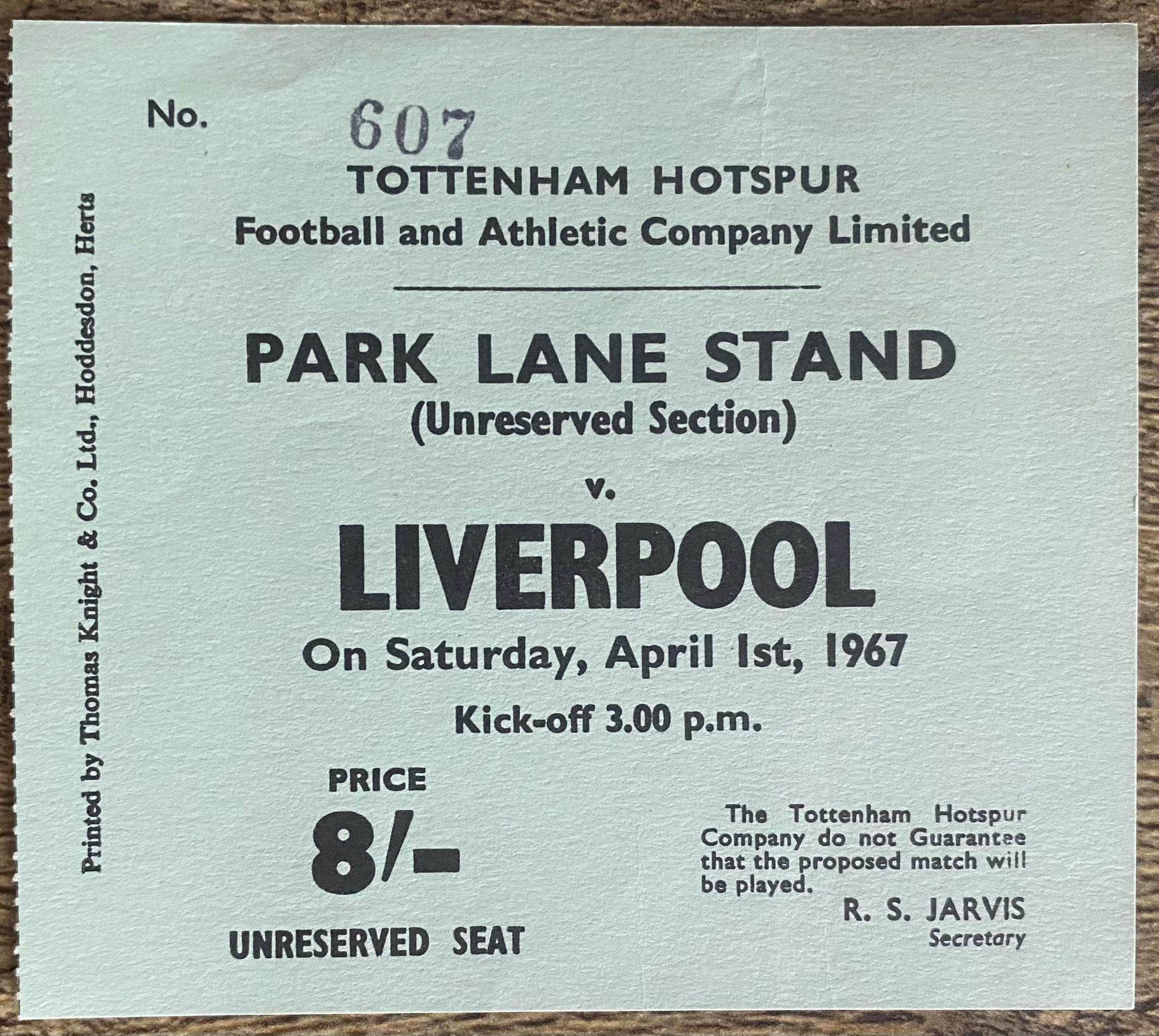 1966/67 ORIGINAL DIVISION ONE TICKET TOTTENHAM HOTSPUR V LIVERPOOL