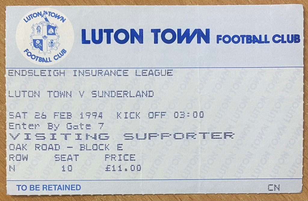 1993/94 ORIGINAL DIVISION 1 TICKET LUTON TOWN V SUNDERLAND