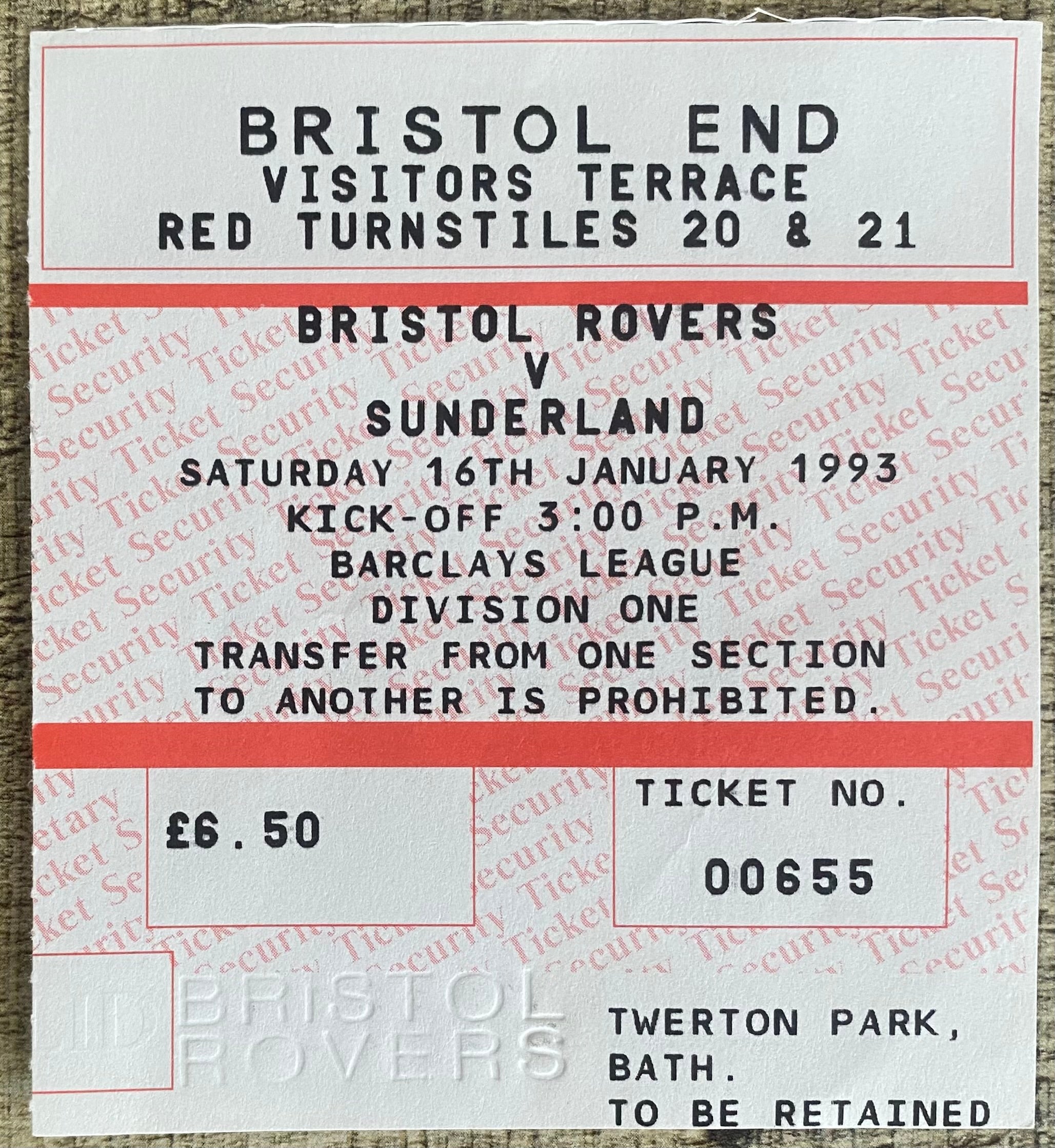 1992/93 ORIGINAL DIVISION 1 TICKET BRISTOL ROVERS V SUNDERLAND