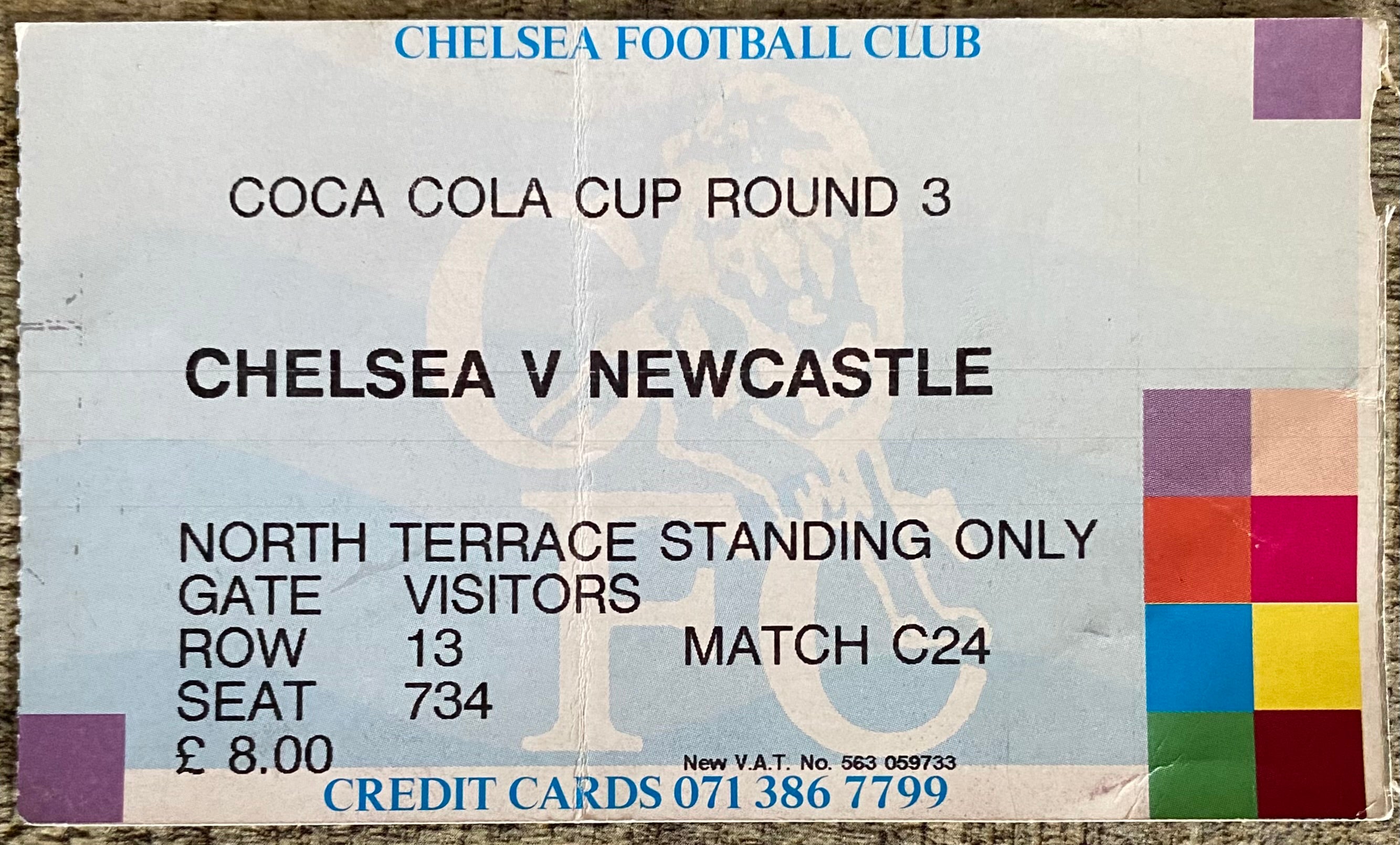 1992/93 ORIGINAL COCA COLA CUP 3RD ROUND TICKET CHELSEA V NEWCASTLE UNITED