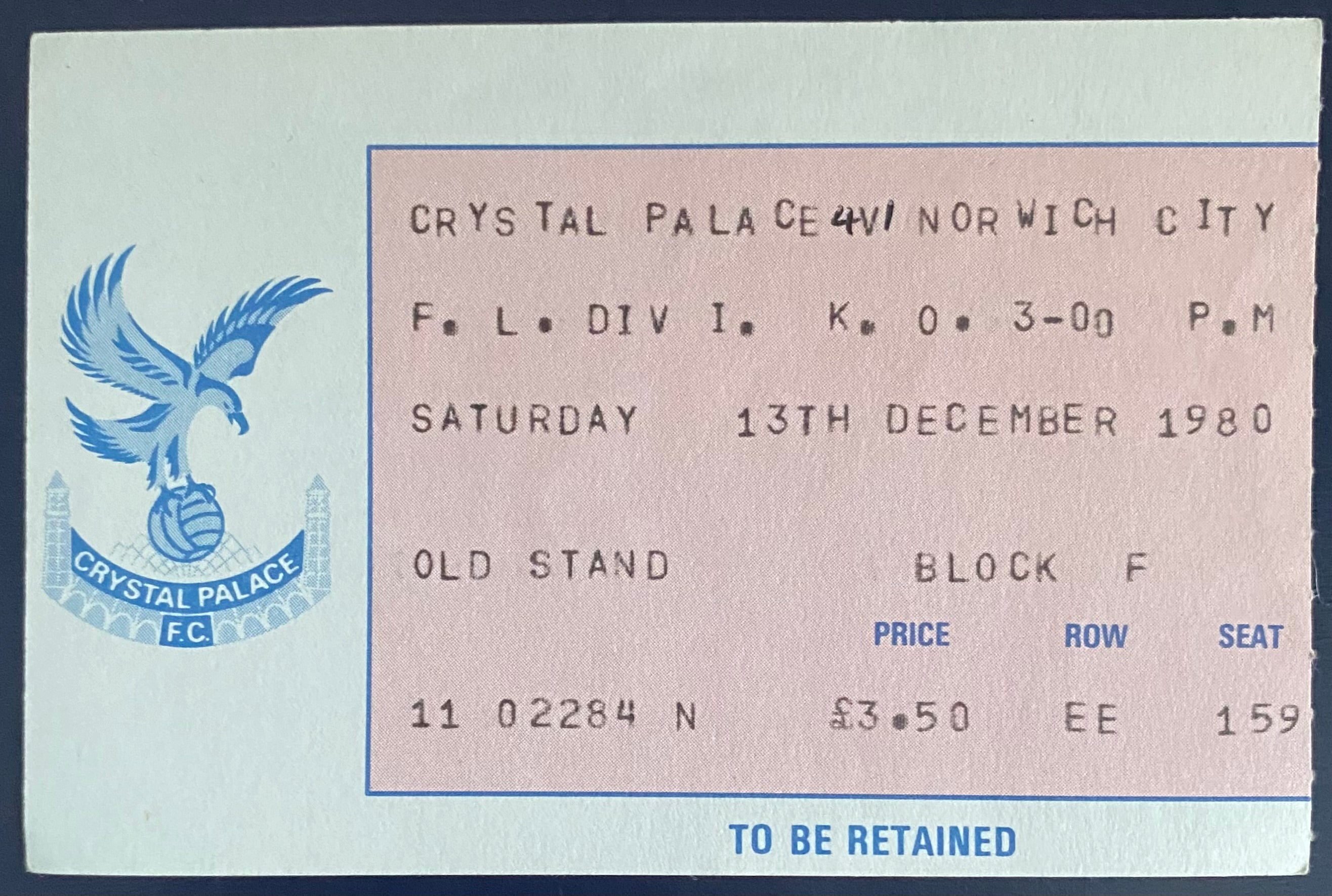 1980/81 ORIGINAL DIVISION 1 TICKET CRYSTAL PALACE V NORWICH CITY
