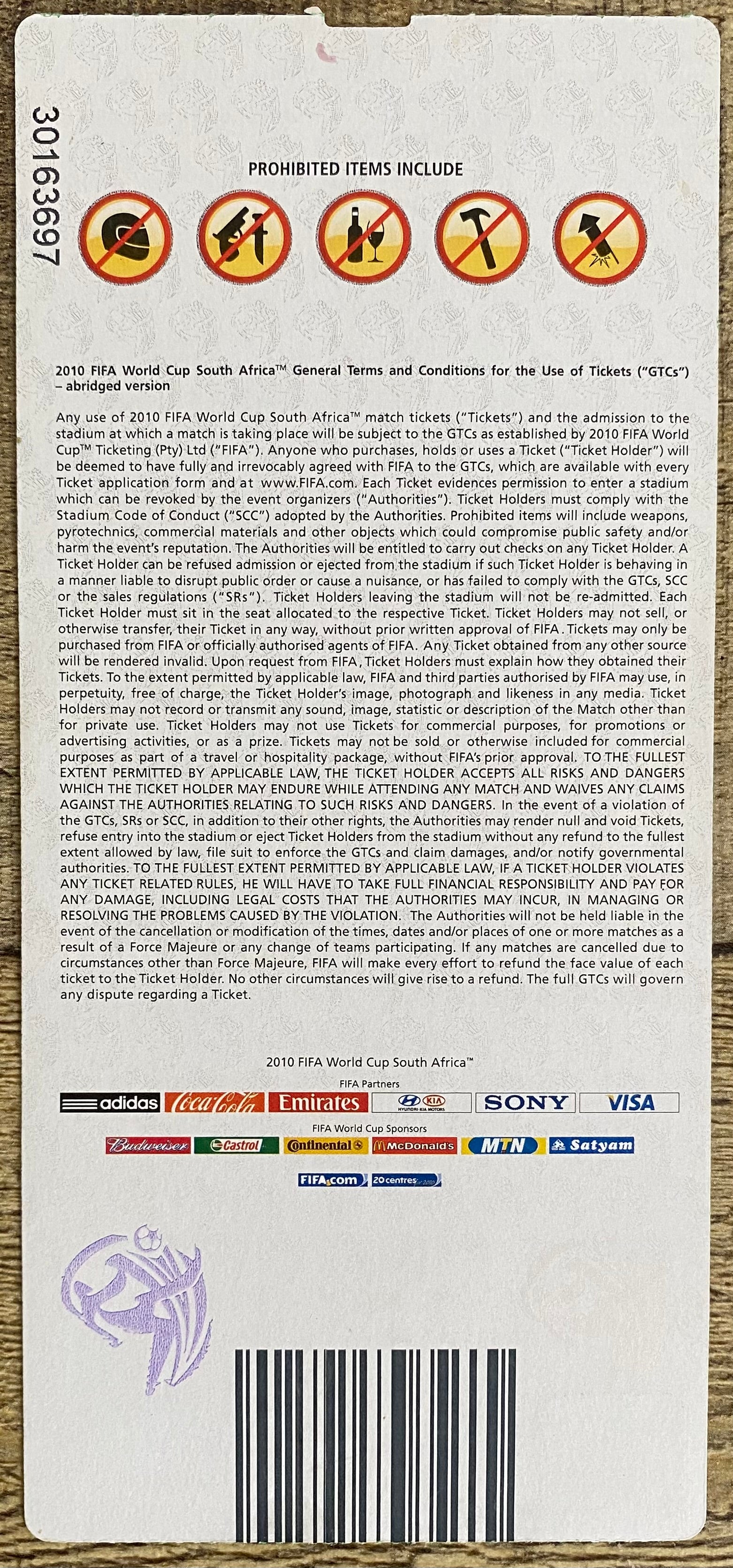 2010 ORIGINAL WORLD CUP 2ND ROUND TICKET ENGLAND V GERMANY  @ BLOEMFONTAIN