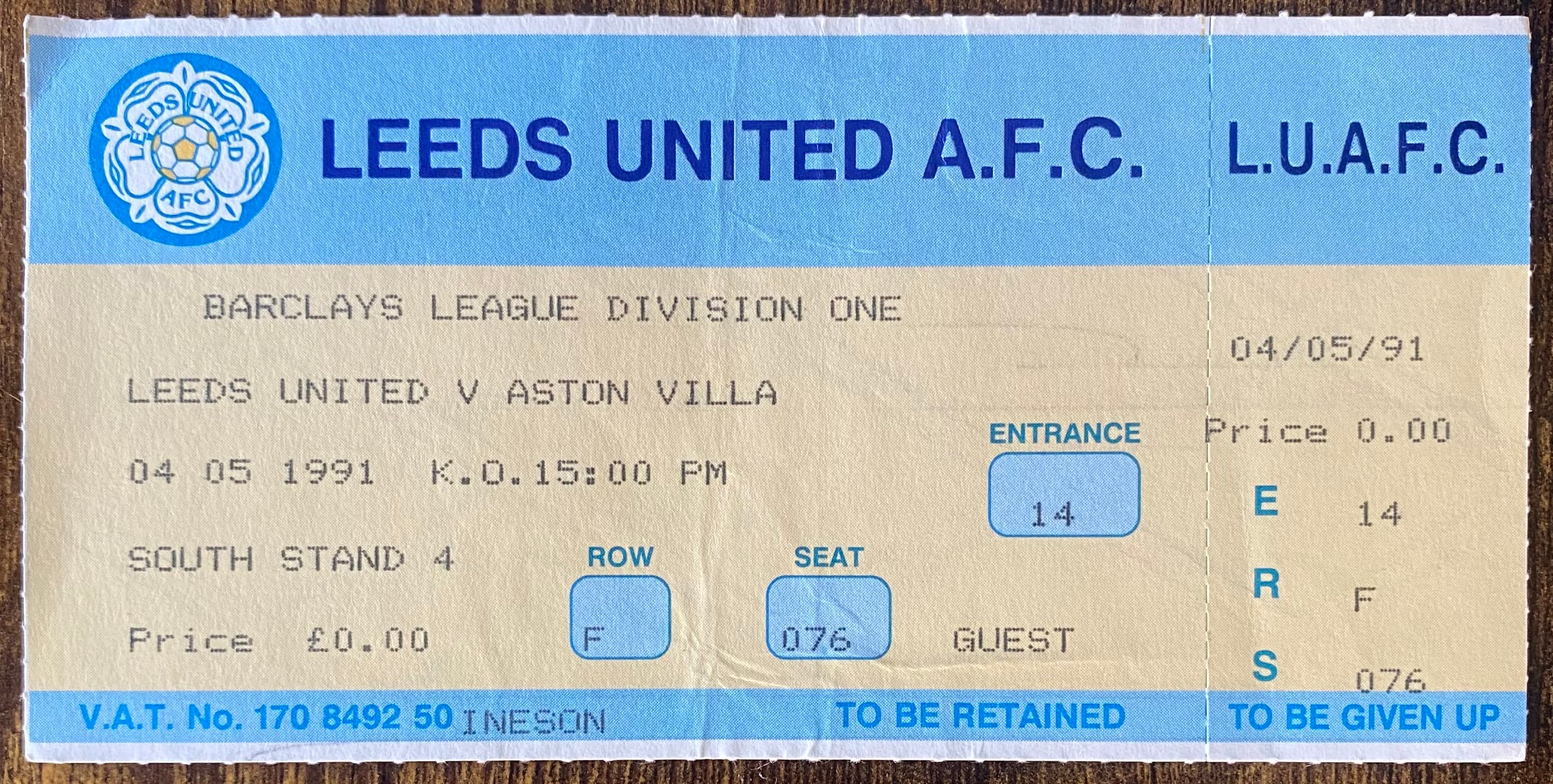 1990/91 ORIGINAL DIVISION ONE UNUSED TICKET LEEDS UNITED V ASTON VILLA