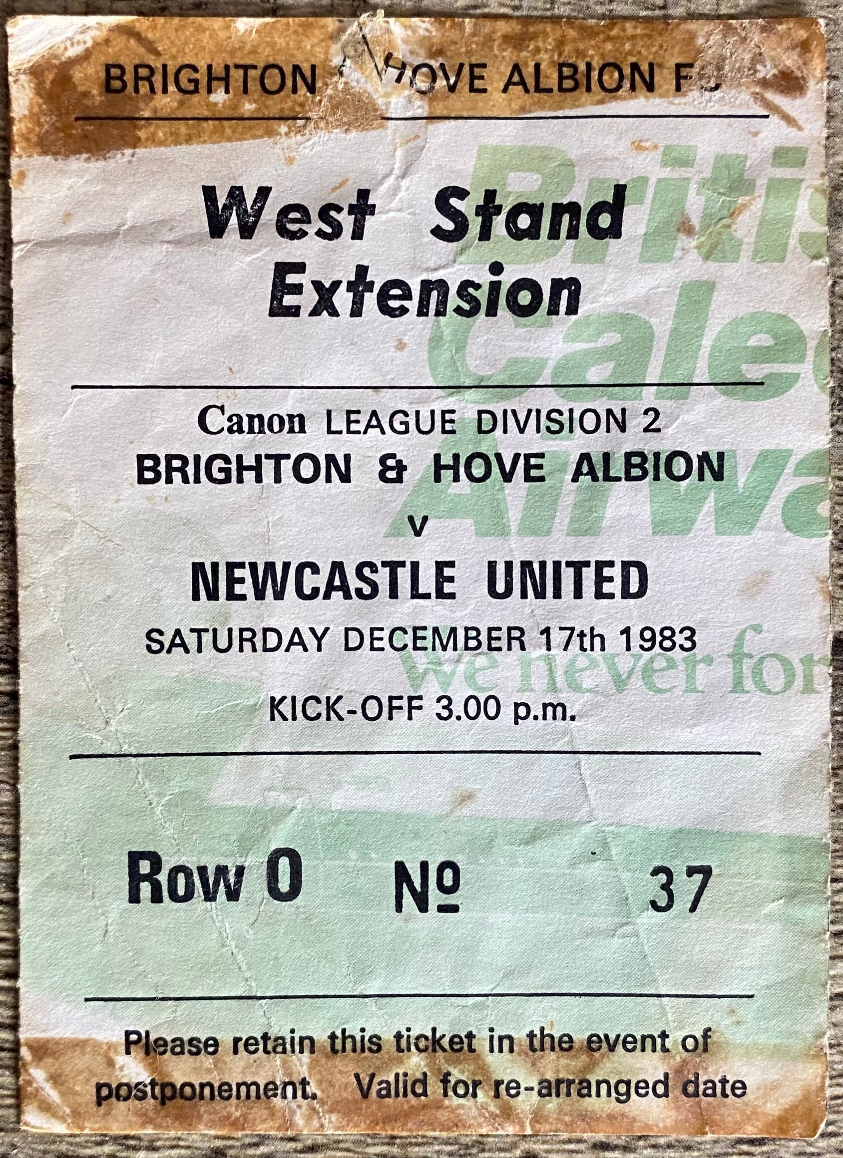 1983/84 ORIGINAL DIVISION 2 TICKET BRIGHTON AND HOVE ALBION V NEWCASTLE UNITED