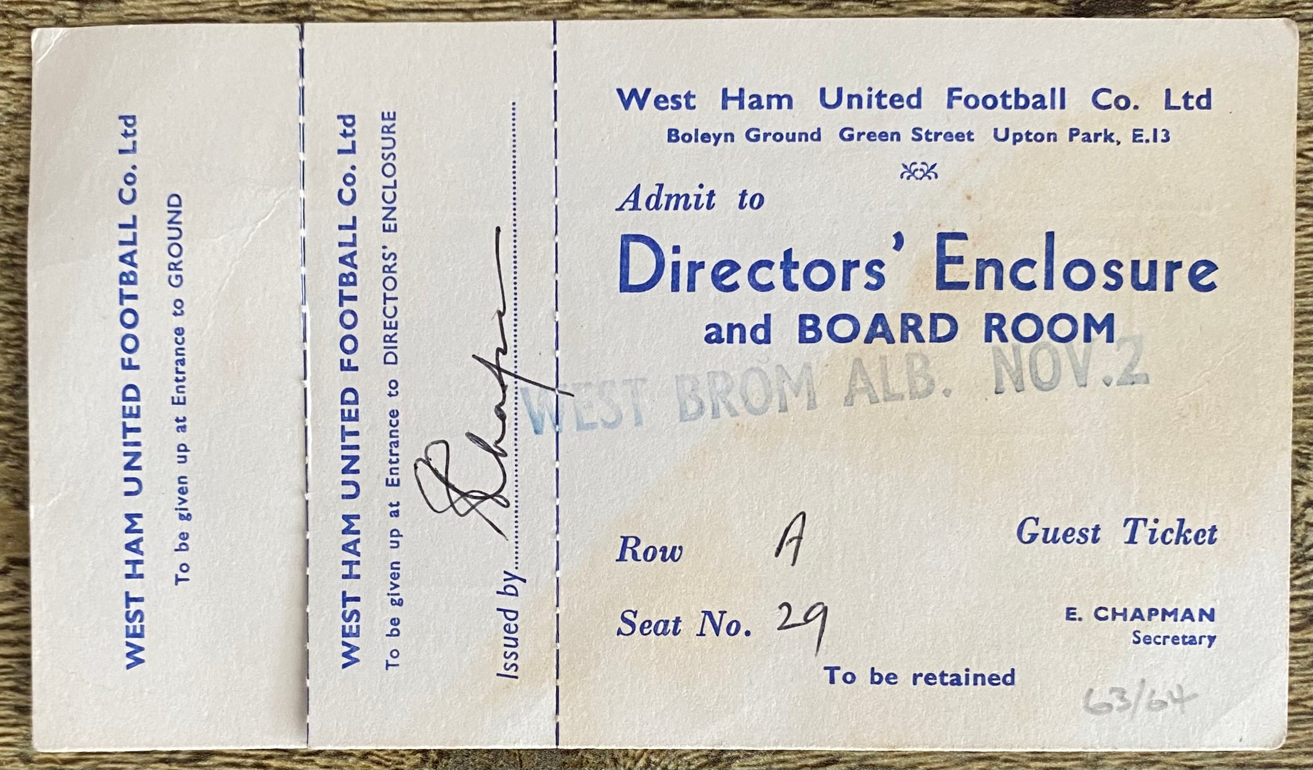 1963/64 ORIGINAL DIVISION ONE DIRECTORS TICKET WEST HAM UNITED V WEST BROMWICH ALBION