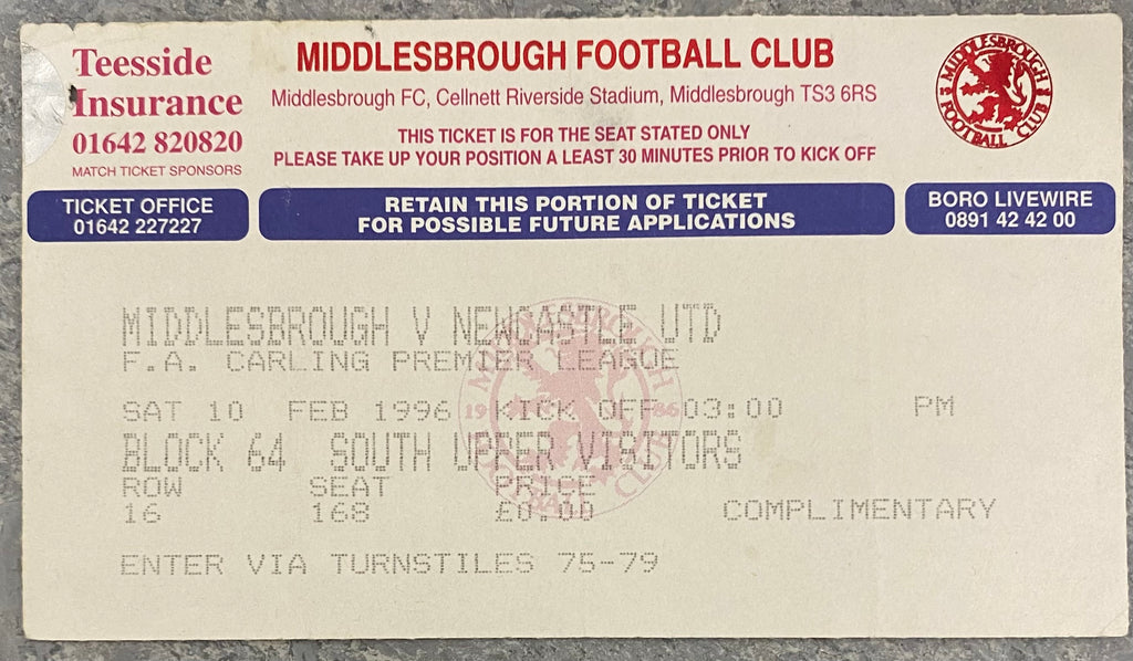 1995/96 ORIGINAL PREMIER LEAGUE TICKET MIDDLESBROUGH V NEWCASTLE UNITED