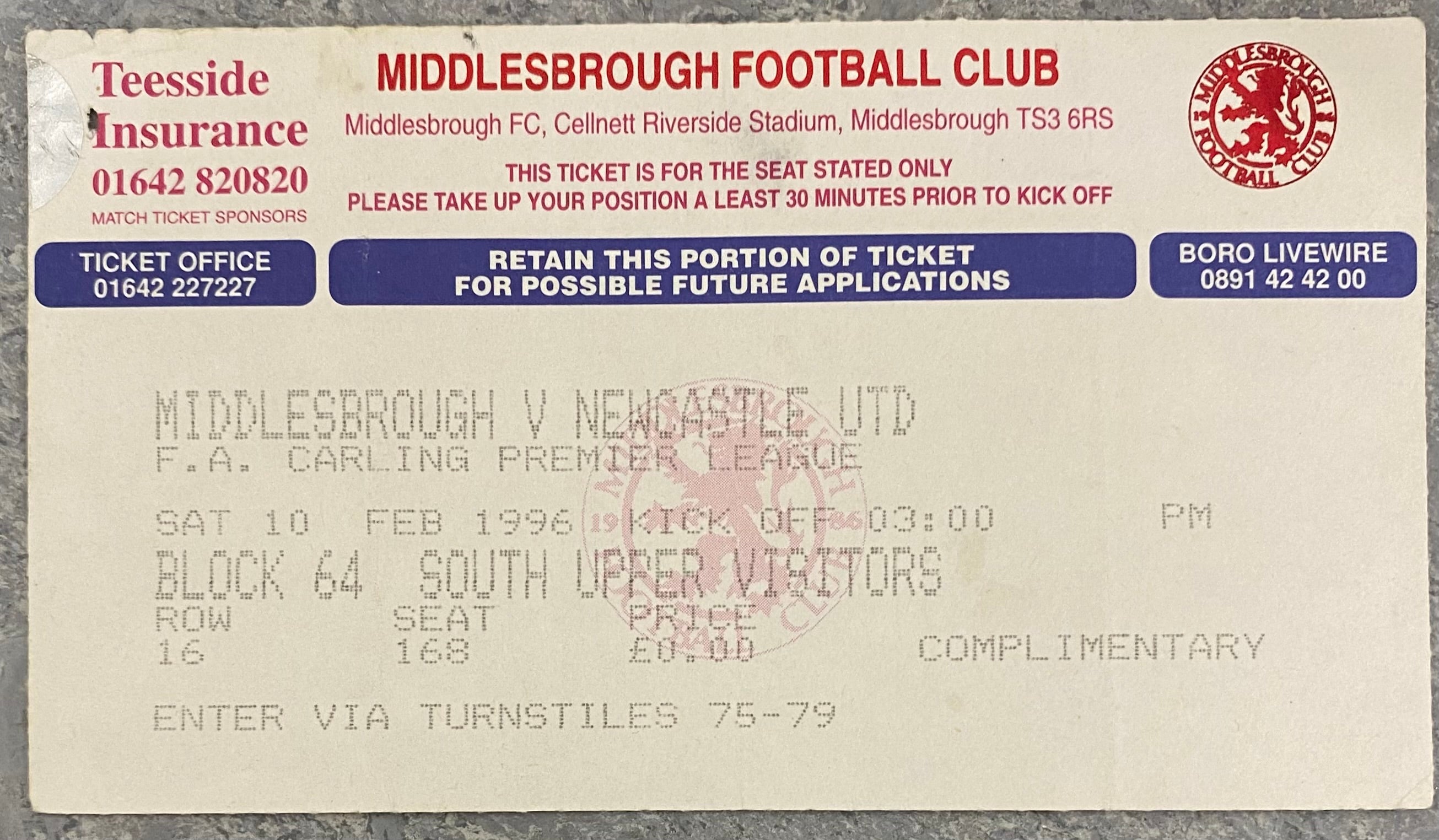 1995/96 ORIGINAL PREMIER LEAGUE TICKET MIDDLESBROUGH V NEWCASTLE UNITED