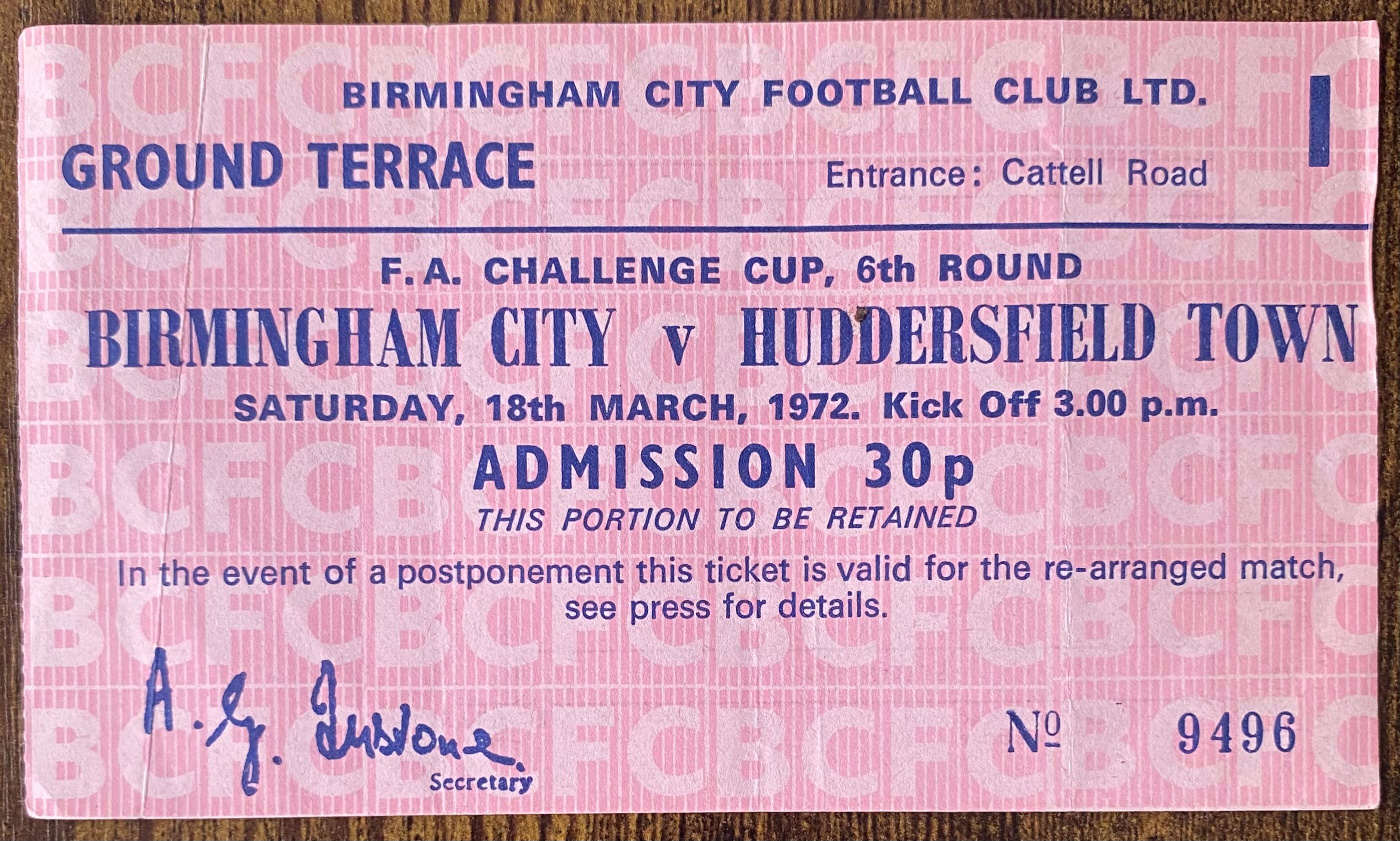 1971/72 ORIGINAL FA CUP 6TH ROUND TICKET BIRMINGHAM CITY V HUDDERSFIELD TOWN