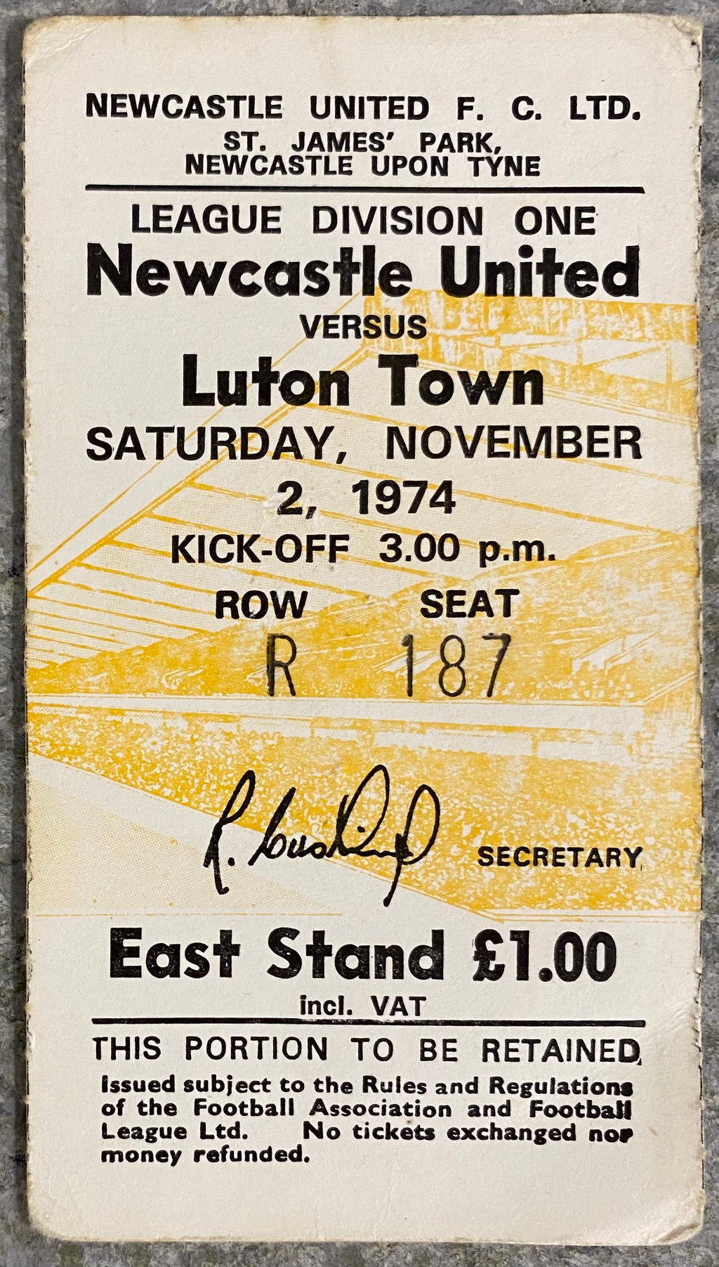 1974/75 ORIGINAL DIVISION 1 TICKET NEWCASTLE UNITED V LUTON TOWN
