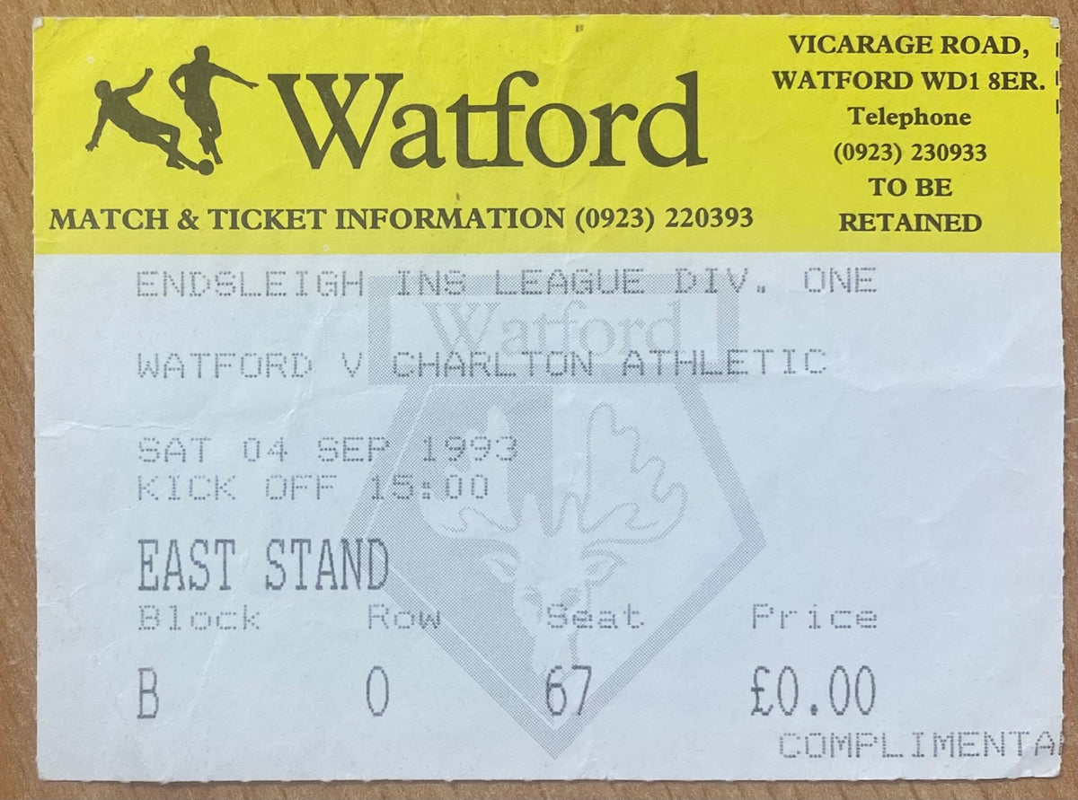 1993/94 ORIGINAL DIVISION 1 TICKET WATFORD V CHARLTON ATHLETIC