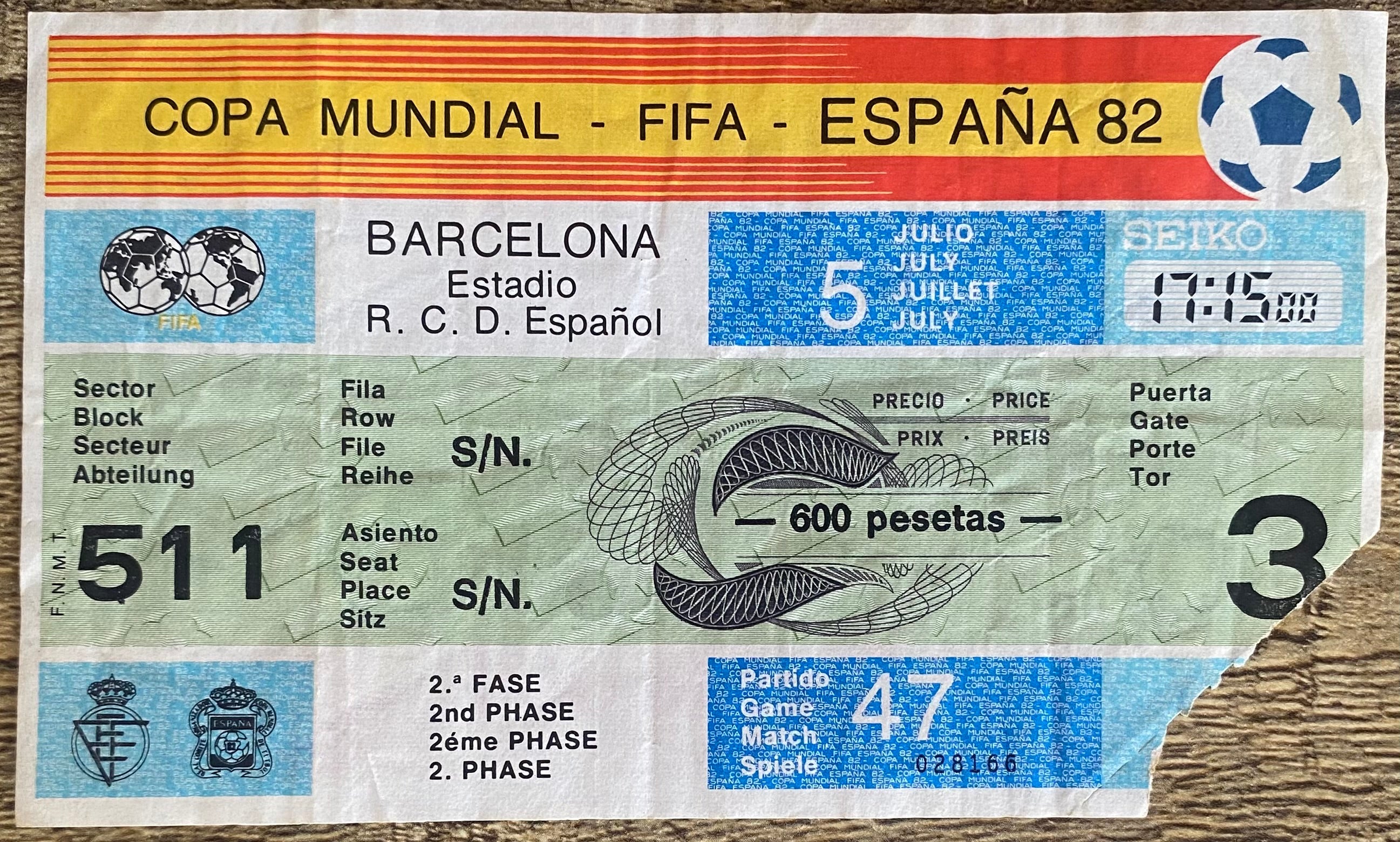 1982 ORIGINAL WORLD CUP 2ND PHASE TICKET ITALY V BRAZIL @ BARCELONA