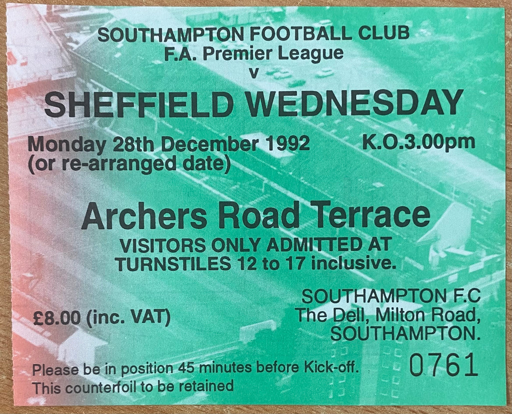 1992/93 ORIGINAL PREMIER LEAGUE TICKET SOUTHAMPTON V SHEFFIELD WEDNESDAY