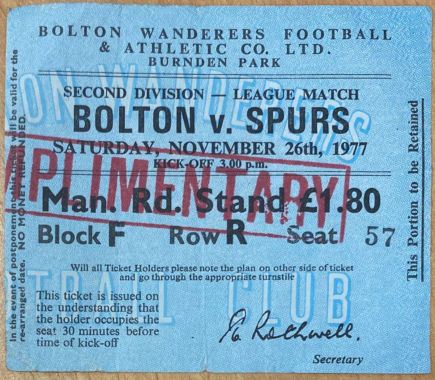 1977/78 ORIGINAL DIVISION TWO TICKET BOLTON WANDERERS V TOTTENHAM HOTSPUR