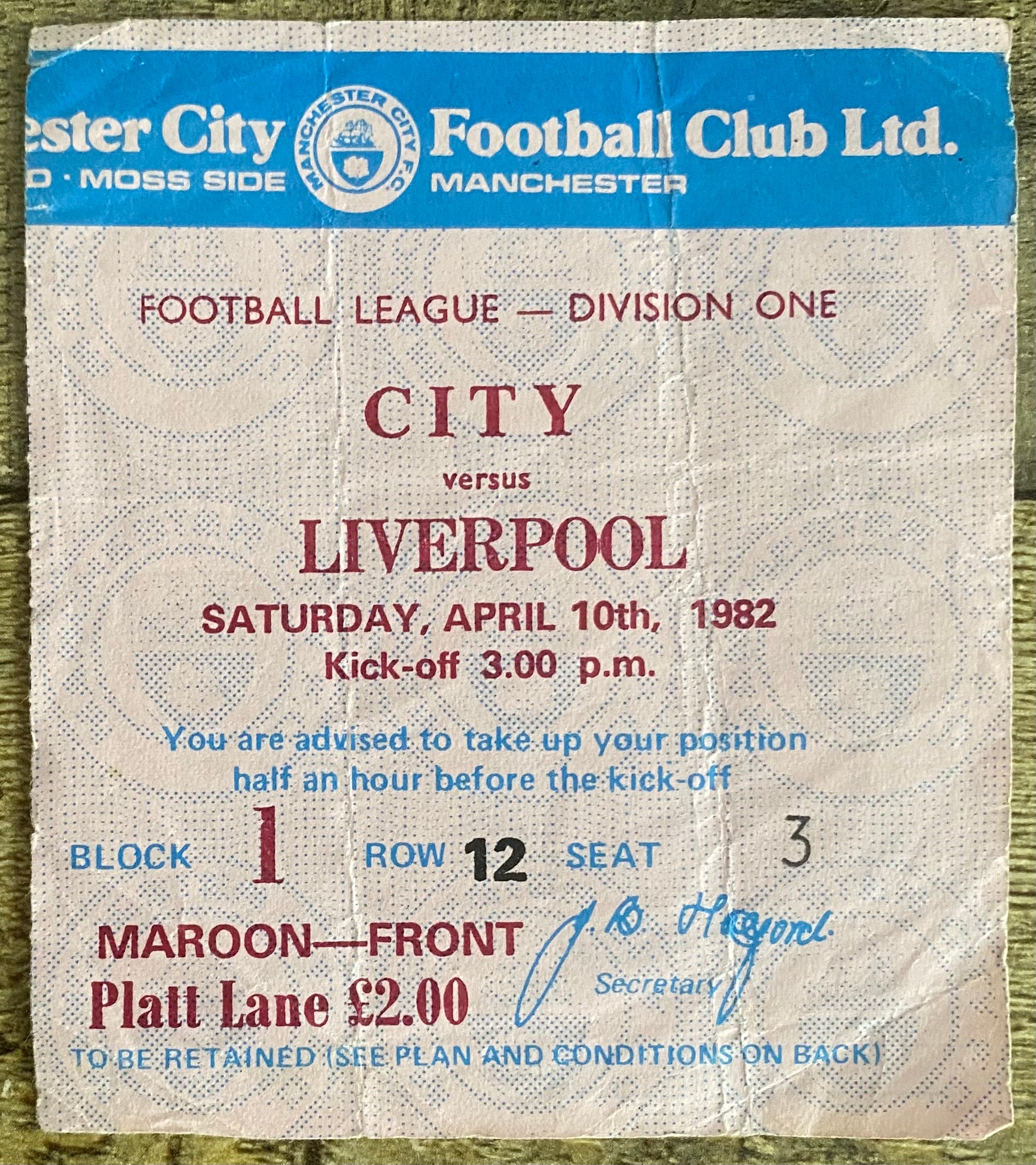1981/82 ORIGINAL DIVISION ONE TICKET MANCHESTER CITY V LIVERPOOL