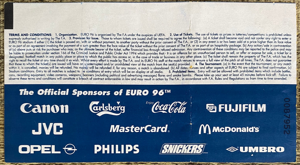 1996 ORIGINAL EUROPEAN CHAMPIONSHIPS EURO 96 TICKET SCOTLAND V NETHERLANDS @ VILLA PARK