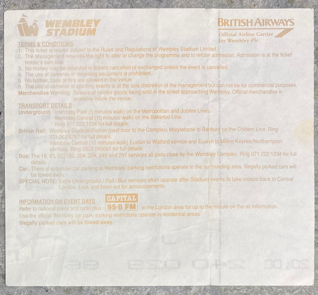 1993 ORIGINAL COCA COLA CUP FINAL TICKET ARSENAL V SHEFFIELD WEDNESDAY